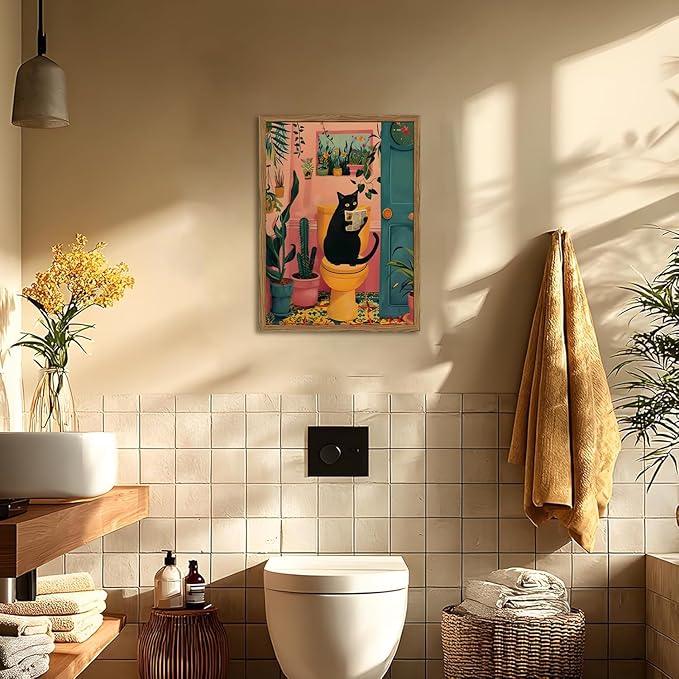 Funny Black Cat Bathroom Wall Art Whimsical Cat Reading Newspaper on Toilet - Image 4