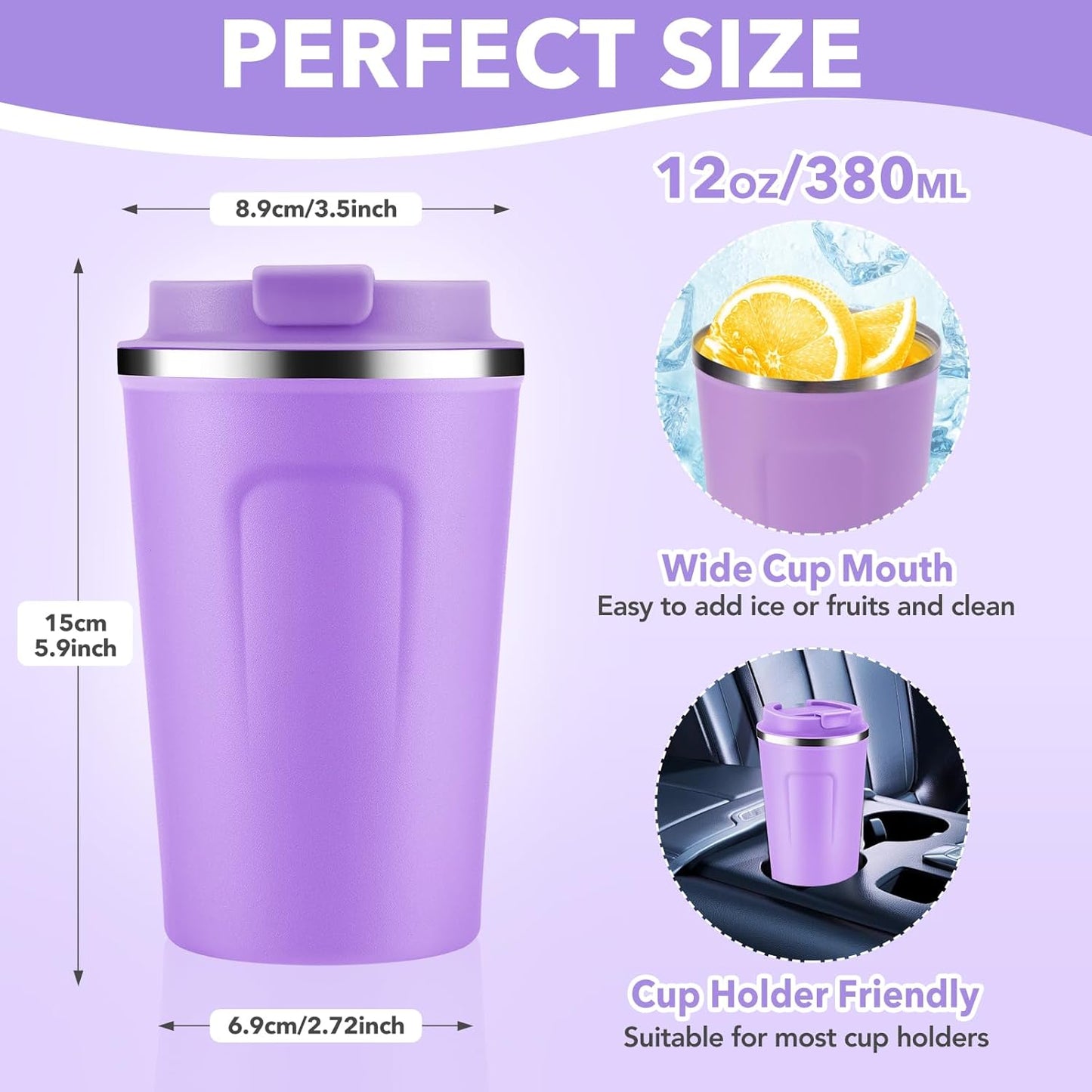 Volhoply 12 oz Double Wall Insulated Vacuum Travel Coffee Mug with Flip Lid,Reusable Stainless Steel Leak Proof Coffee Cup,Portable Cafe Thermal Tumbler Suitable for Hot & Cold Drinks(Purple,1 Set)