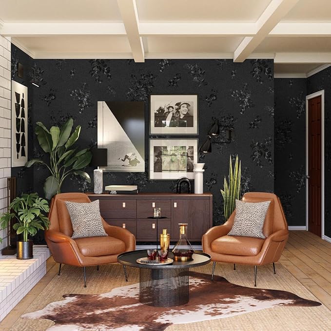 Black Peel and Stick Wallpaper 118inL 17.7inW Black Silk Embossed Floral - Image 4
