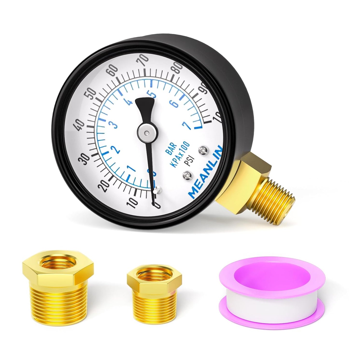 MEANLIN MEASURE 0-100Psi 2" DIAL FACE 1/8" NPT Well Pump Pressure Gauge, with 1/4" NPT and 3/8" NPT Hex Bushing, 3-2-3% Accuracy, Lower Mount