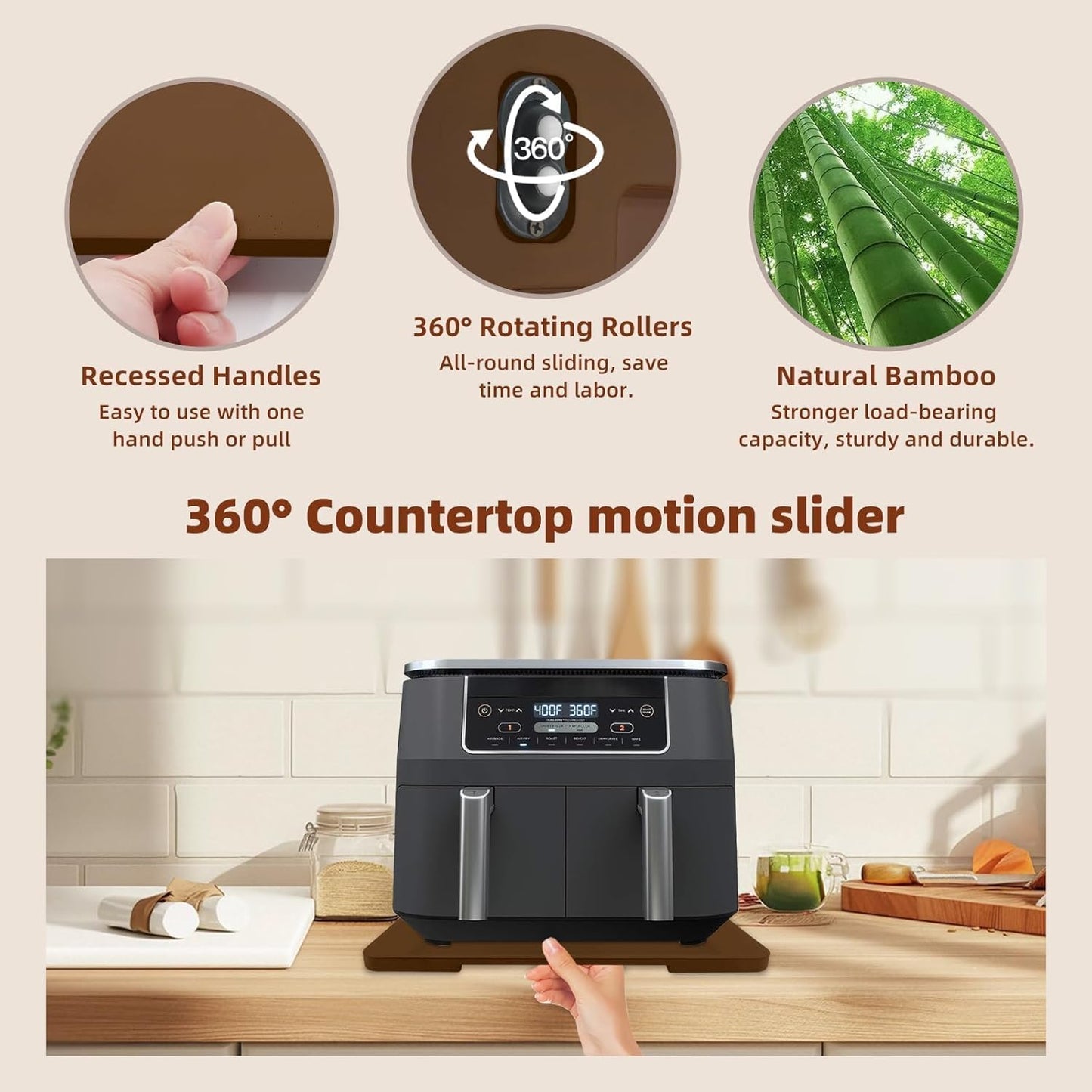 360° Rolling Tray Bamboo Appliance Slider for Kitchen Appliances, for Breville Espresso Machine Accessories, Sliding Tray for Coffee Maker Appliances Mat Easily from Under The Cabin Brown13"×15.7"