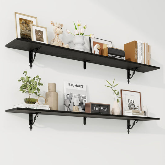 RICHFOCUS Floating Shelves for Wall Decor, 55.1W x 8D Wall Shelves Set of 2, 8 Inch Deep Rustic Wood Shelves Wall Mounted with Brackets, Long Floating Shelves for Living Room Bedroom Kitchen, Black