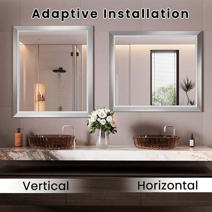 Amorho Bathroom Mirror, 40x38 Inch Silver Thick Metal Framed Wall Mirrors - Image 5