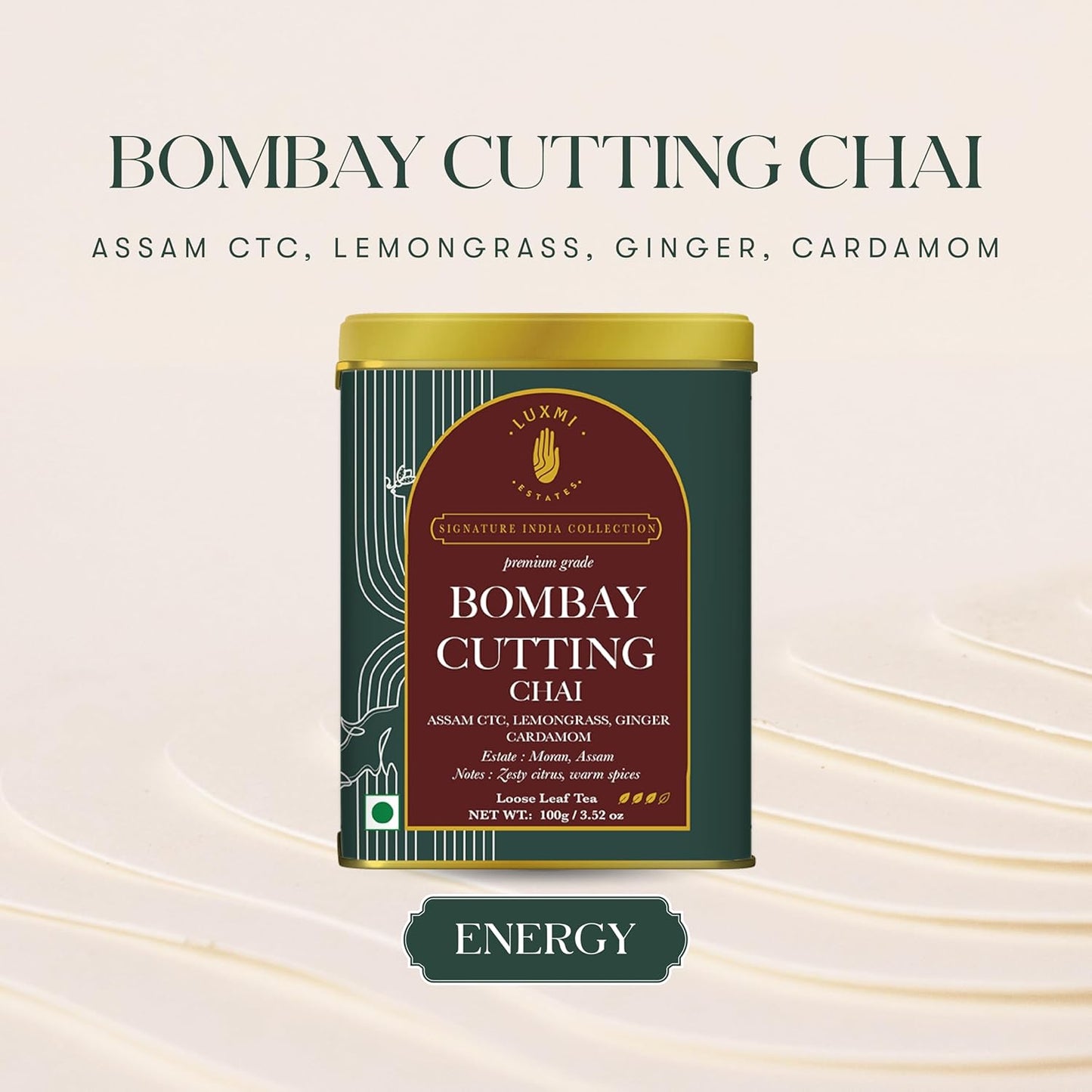 Luxmi Estates Bombay Cutting Chai | 100 gm | Signature India Collection | Assam CTC | Black Tea Collection | Strong Organic Tea | Lemongrass Tea, Ginger, Cardamom