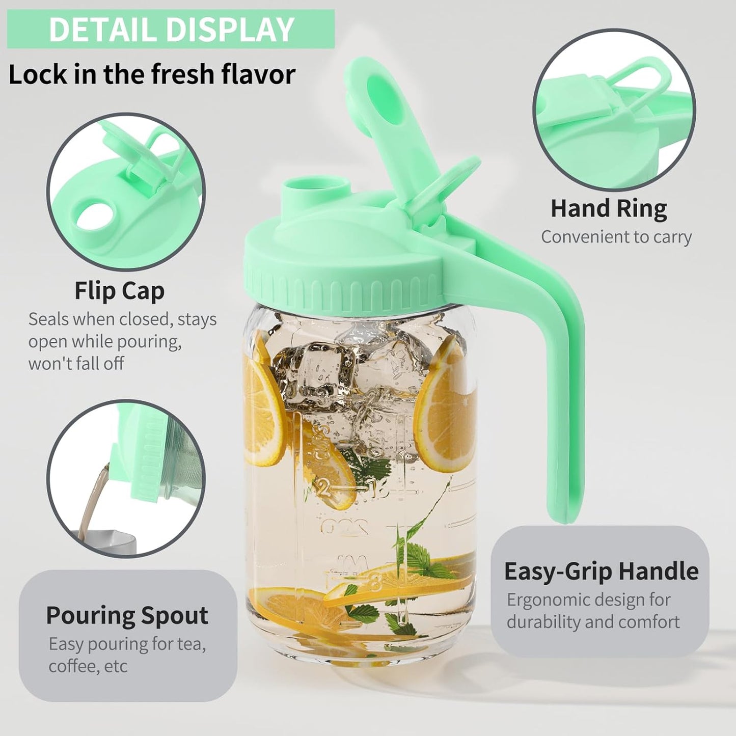 32oz Glass Pitcher with Lid &Pour Spout - 1 Quart Breastmilk Pitcher Double Leak Proof, Creamer Container for Sun Tea, Juice, Cold Brew Coffee, Breastmilk Storage Container -Green Lid