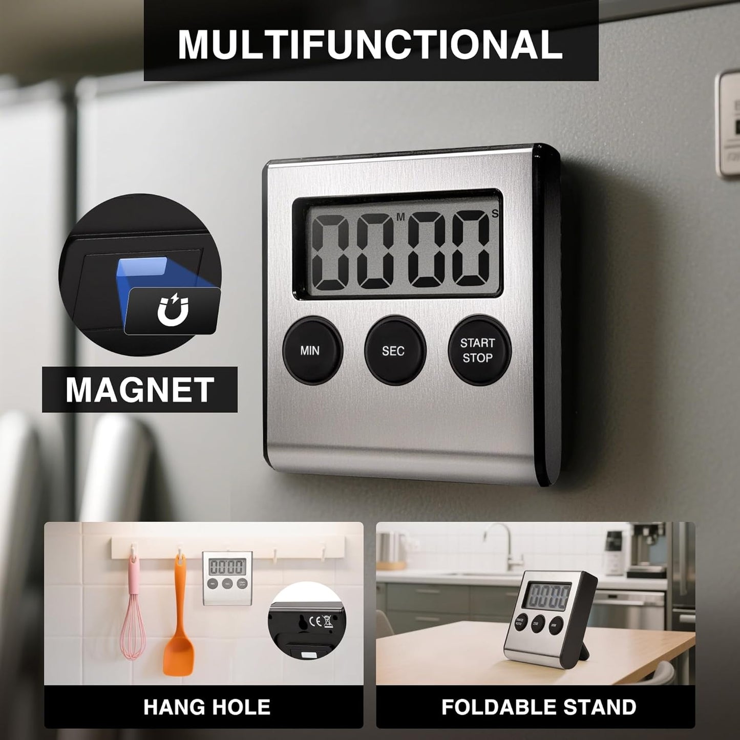 Digital Kitchen Timers for Cooking Strong Magnetic Stainless Steel Countdown Timer for Baking Exercise Office Classroom-1PACK