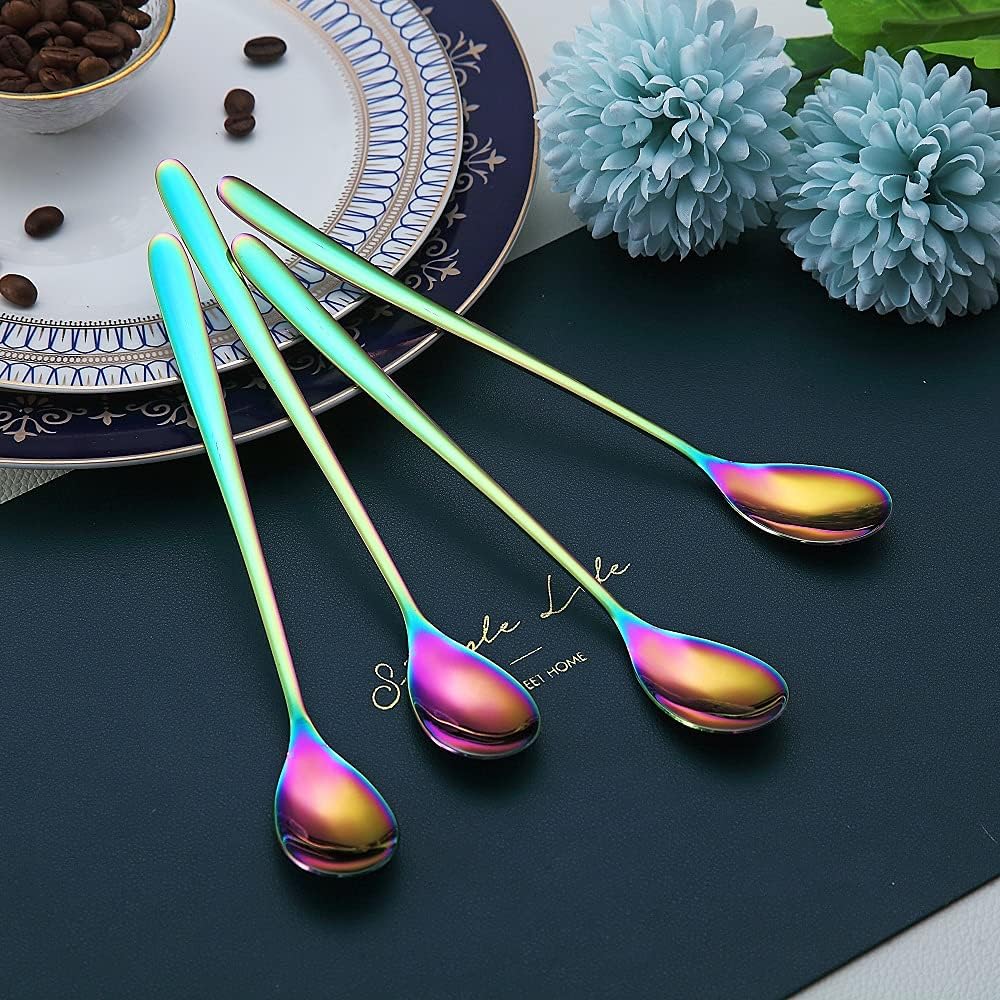Rainbow Long Handle Spoons, Coffee Stirrers, Premium Stainless Steel Coffee & Ice Cream Spoons, Set of 6 (Colorful)