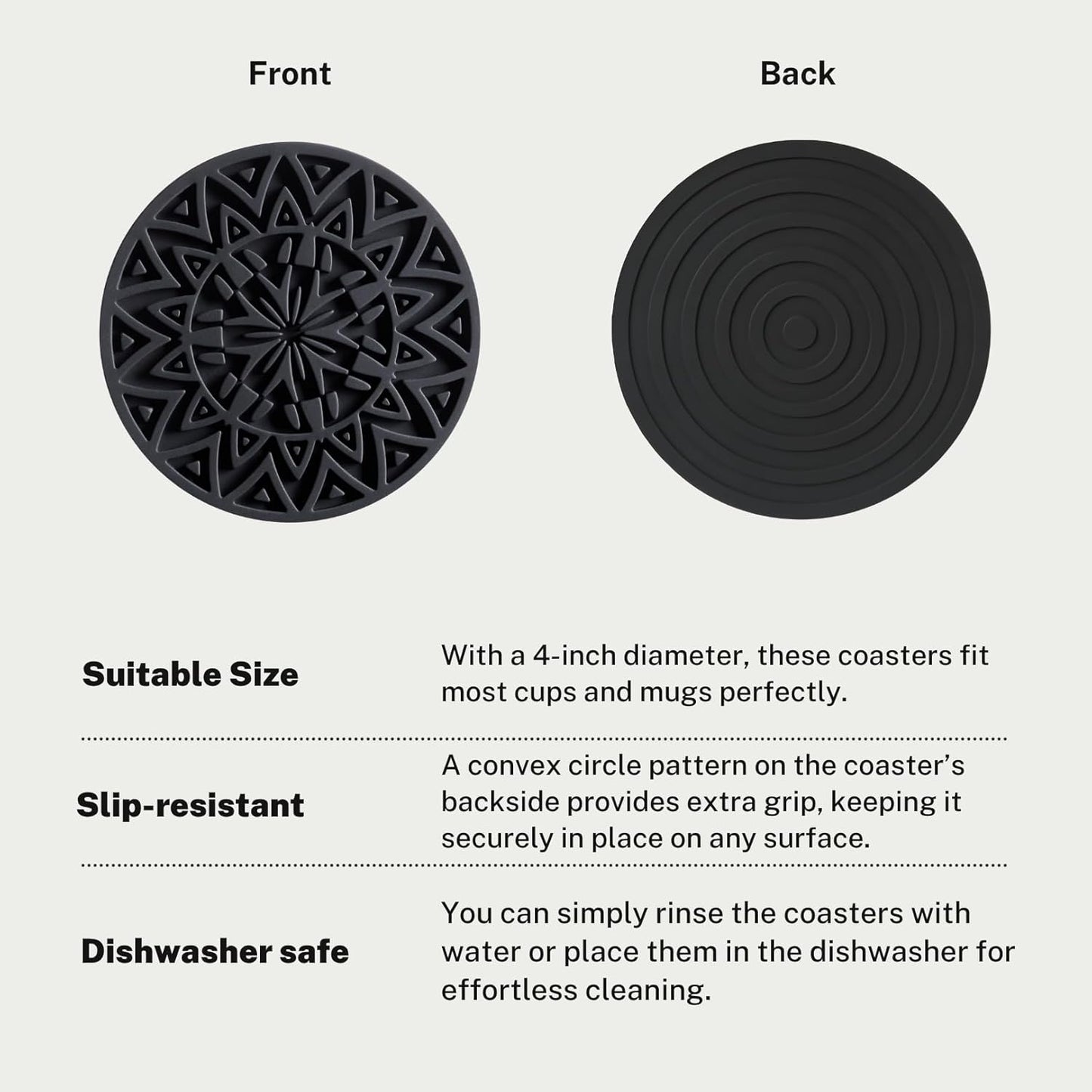 Set of 6 Black Silicone Coasters with Holder, Drink Coasters with Tribal Pattern Shape- for Table Protection, Anti Slip, Nonstick, Heat Resistant, Deep Tray