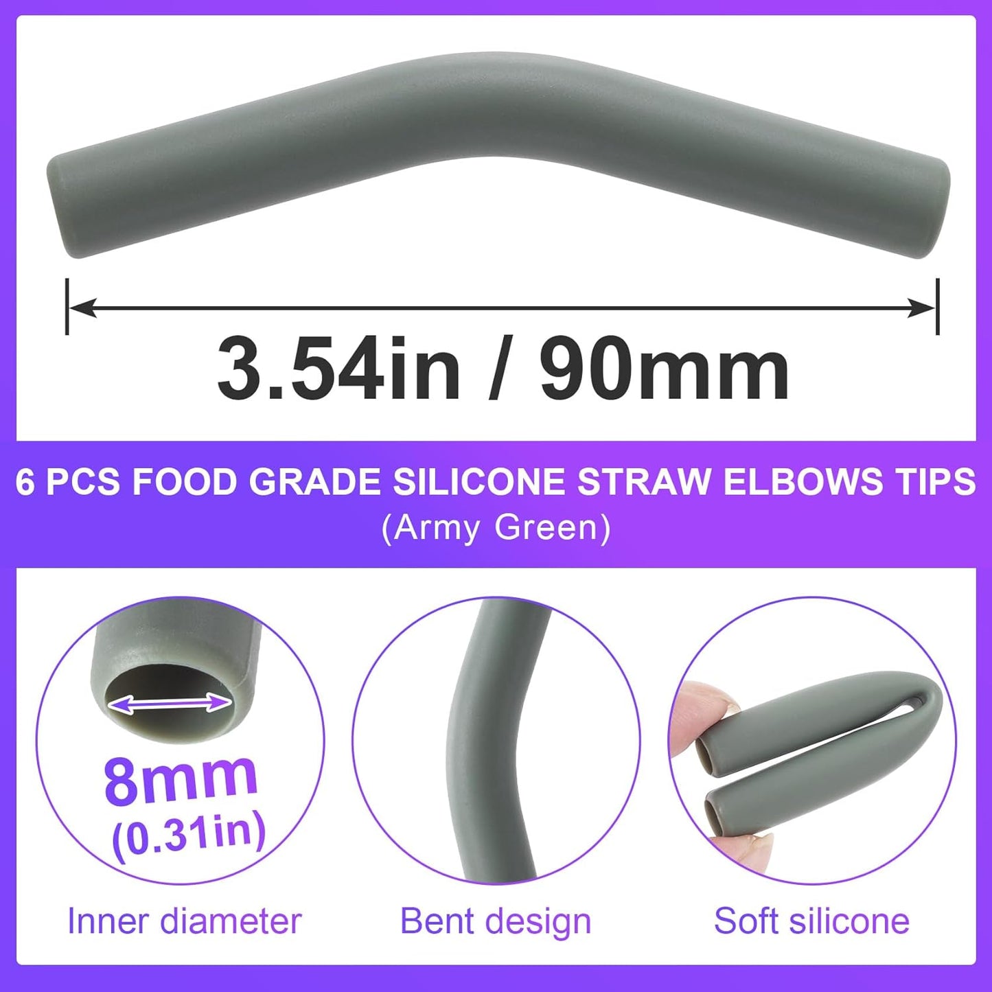 6 Pcs Army Green Silicone Straw Tips 8mm Outer Diameter Flexible Protective Eco-friendly Reusable Straw Covers for Metal Straws