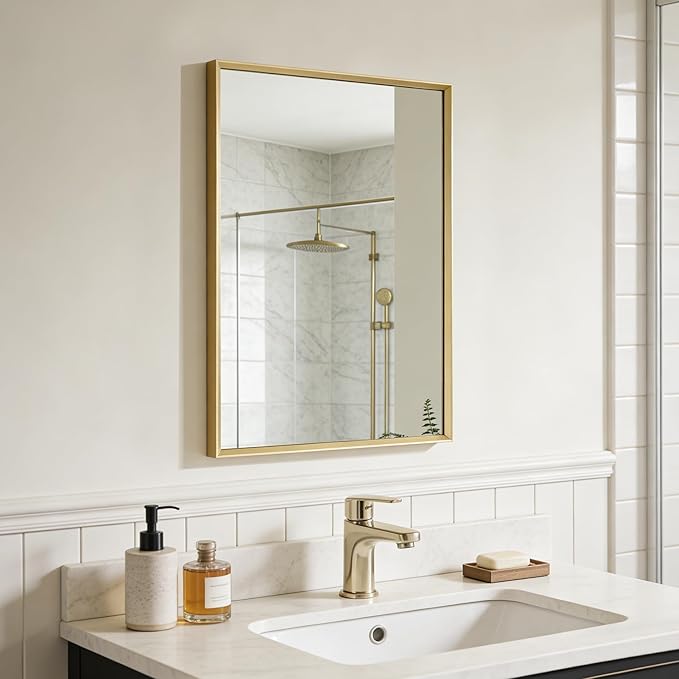 Bathroom Mirror for Wall, 16x24 Inch Metal Framed Mirror, Brushed Gold - Image 4