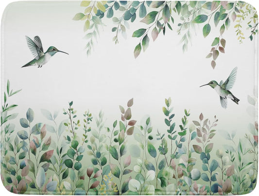 Giwawa Hummingbird Dish Drying Mat for Kitchen Countertop, Spring Summer Sage Green Eucalyptus Leaves Dish Drainer Mats, Herb Botanical Microfiber Dish Drying Pad Home Decor, 18"x24", Large