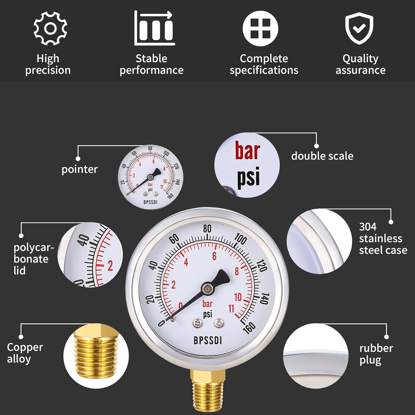 0-160 Psi Pressure Gauge, 2.5" Dial Size, 1/4" NPT Lower Mount, 304 Stainless Steel Case, Water Pressure Gauge Test for Water Pump, Pneumatic Air, RV Hose, Tank, Well Pump(with Tape)