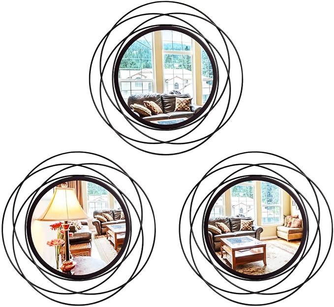 3 Set 9.5 Inch Black Circle Mirrors Wall Decor Iron Frame Wire Mirror Metal by Cityelf