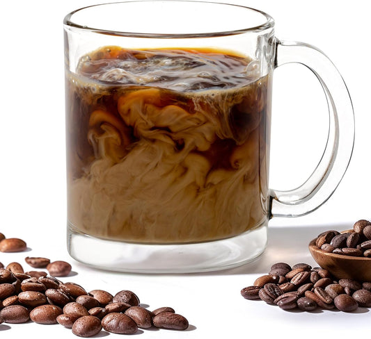 Vikko Glass Coffee Mug Set of 6, 10.75 Ounce Clear Mugs, Microwave and Dishwasher Safe