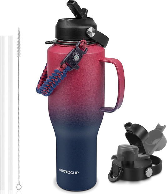 Water Bottle 40oz, Insulated Tumblers with Handle & Straw Lid, Insulated Water Bottle Fits in Cup Holder, Double Wall BPA-Free, Stainless Steel Travel Cup Leak-proof to Keep Cold 24H&Hot12H