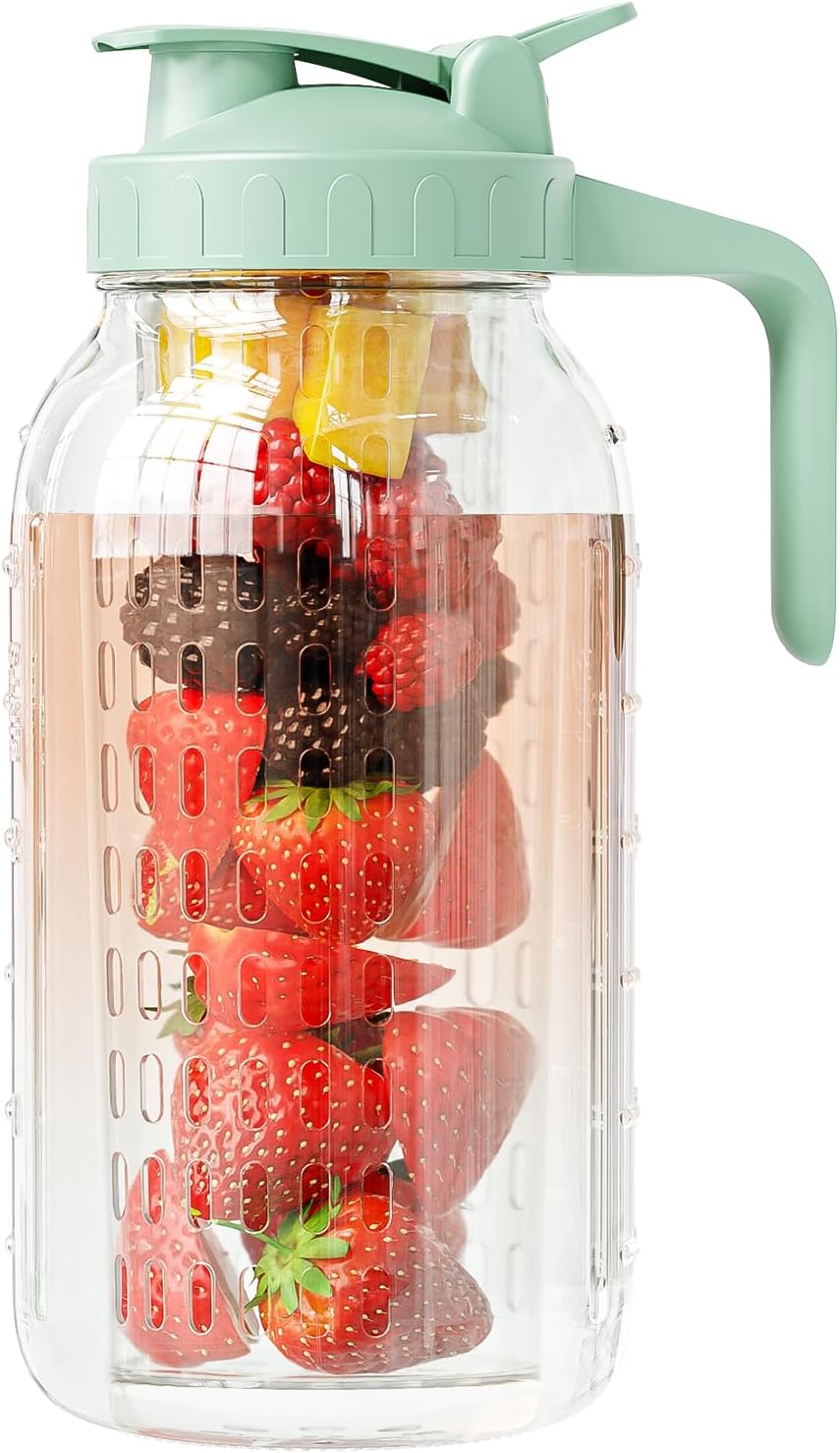Fruit Infuser Water Pitcher,Glass Mason Jar Pitcher,64oz(2 Quart) Wide Mouth Jug with Pour Spout Handle Lid for Fruit Drinks,Cold Brew Coffee,Ice Beverage,Iced Juice,Lemonade,Sun Tea Container