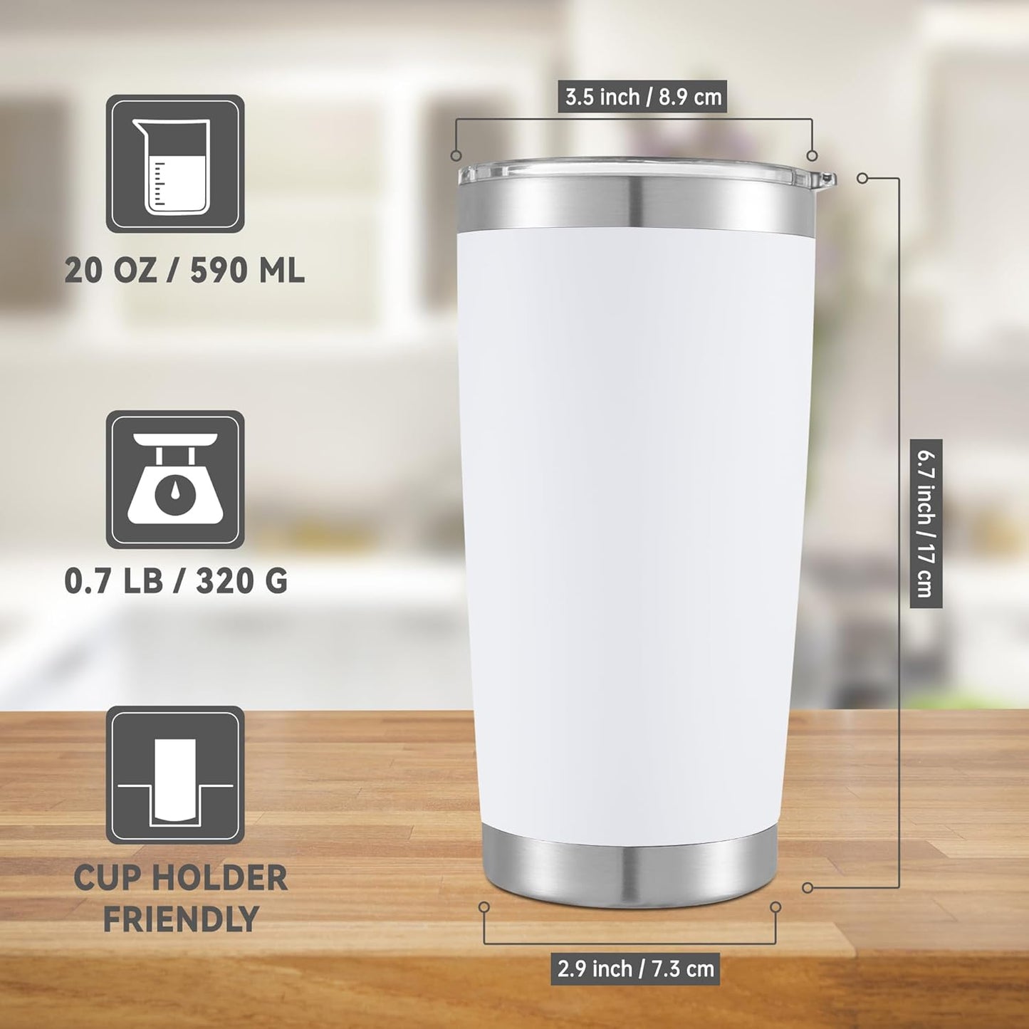 20 oz Tumbler Stainless Steel Tumblers with Lid Double Wall Vacuum Insulated Coffee Mug 20oz Powder Coated Cup for Hot and Cold Drinks, White, 1 pack