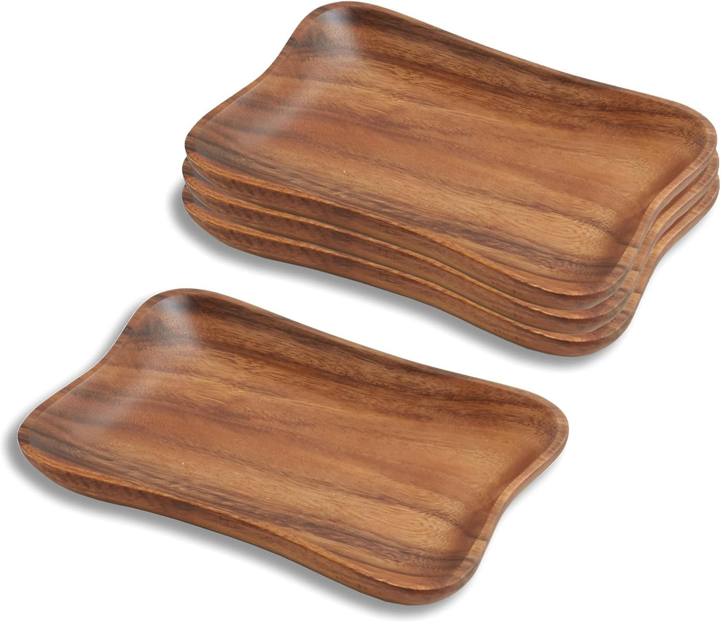 Woodard & Charles Set of 4 Acacia Wood Pinched Tray for Charcutreie, Sushi, Dessert, Sandwiches and More, 9.5" x 6" x 0.75"