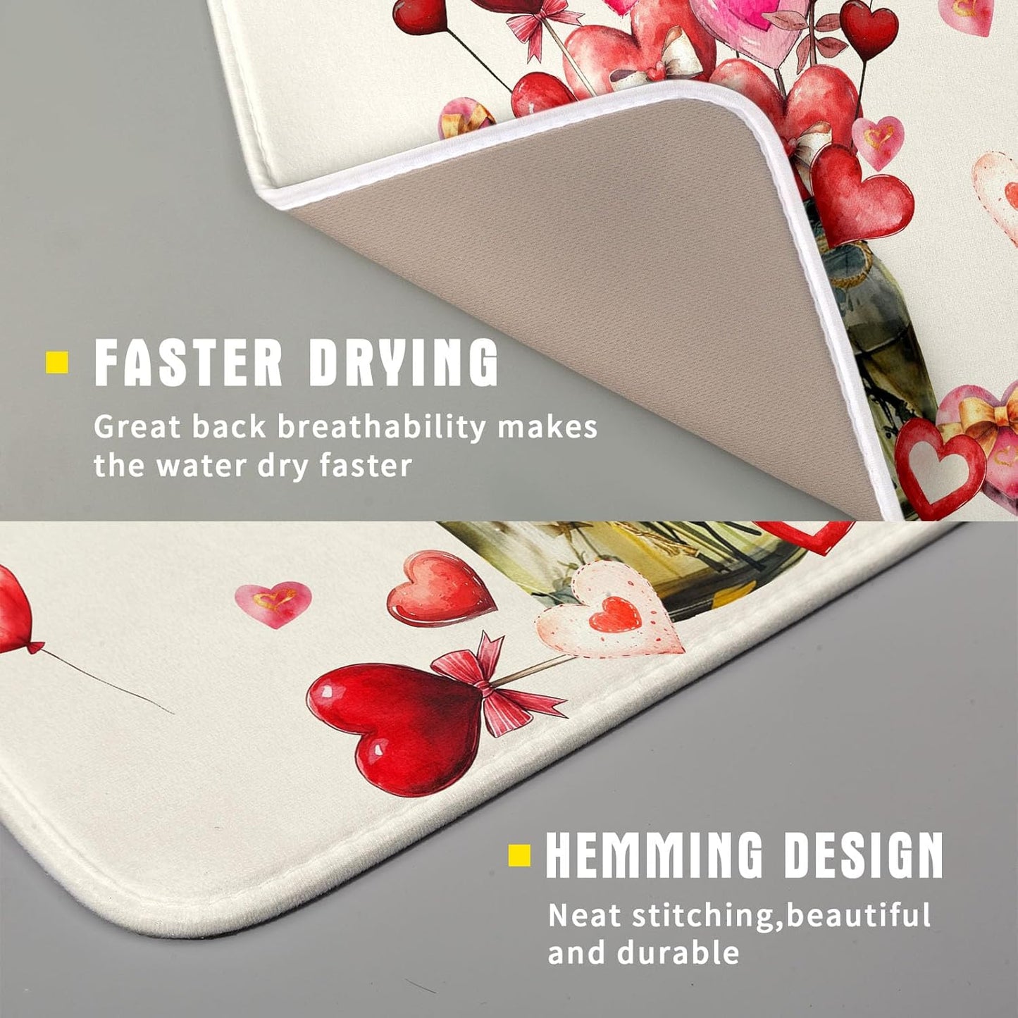 Valentine's Day Dish Drying Mat for Kitchen Counter,Red Love Canes Hearts Decorative Mason Jar Drying Mat 16 x 18 Inch with High Absorbent Microfiber Drainer Mat for Coffee Bar