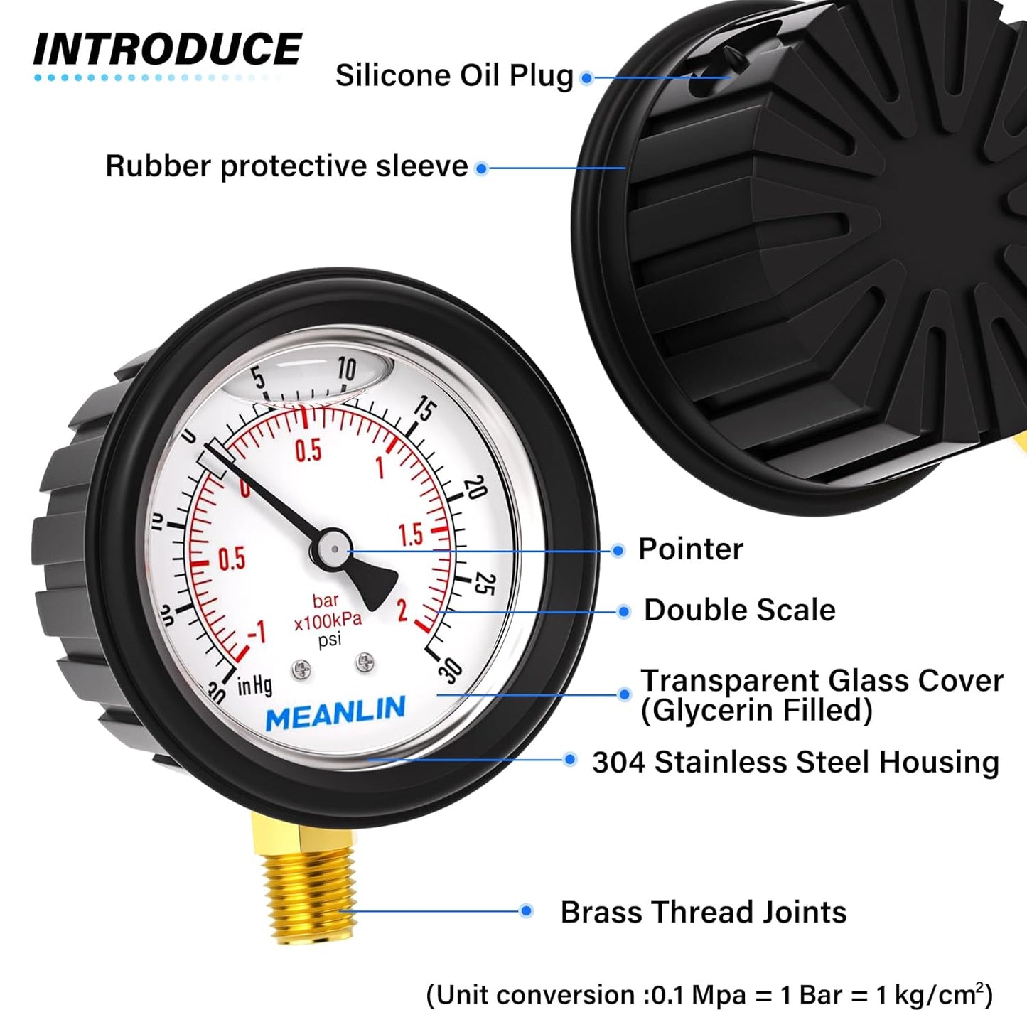 MEANLIN MEASURE -30inHG~30Psi Stainless Steel Vacuum Pressure Gauge 1/4" NPT 2.5" FACE DIAL with Rubber Protective Sleeve, Lower Mount