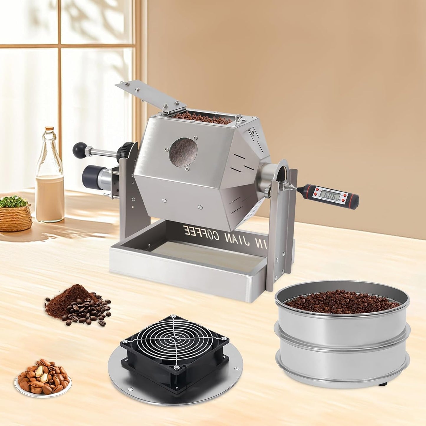 3.8L/3.45QT Coffee Roaster, Stainless Steel Coffee Bean Roaster with Cooler, 6 & 40 Mesh Sieves, Speed Controller, Thermometer, Drum Type Nuts Baker for Home and Commercial Use