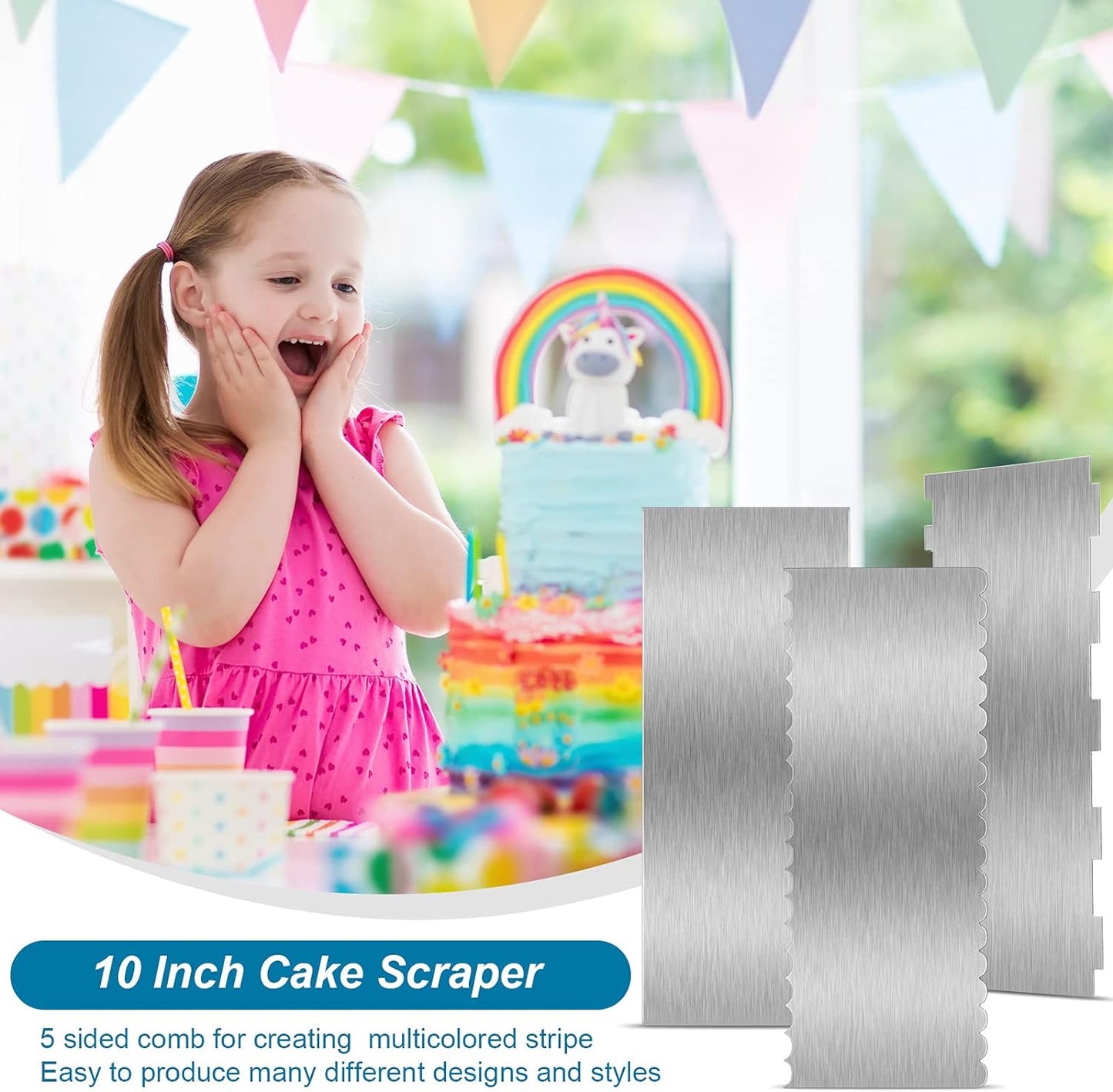 3 Pieces Stainless Steel Cake Scraper 10 Inch and 9 Inch Large Double Sided Patterned Edge Stripe Edge Smoother Scraper Cake Decorating Comb Pastry Cutter for Butter Mousse Cream Decoration