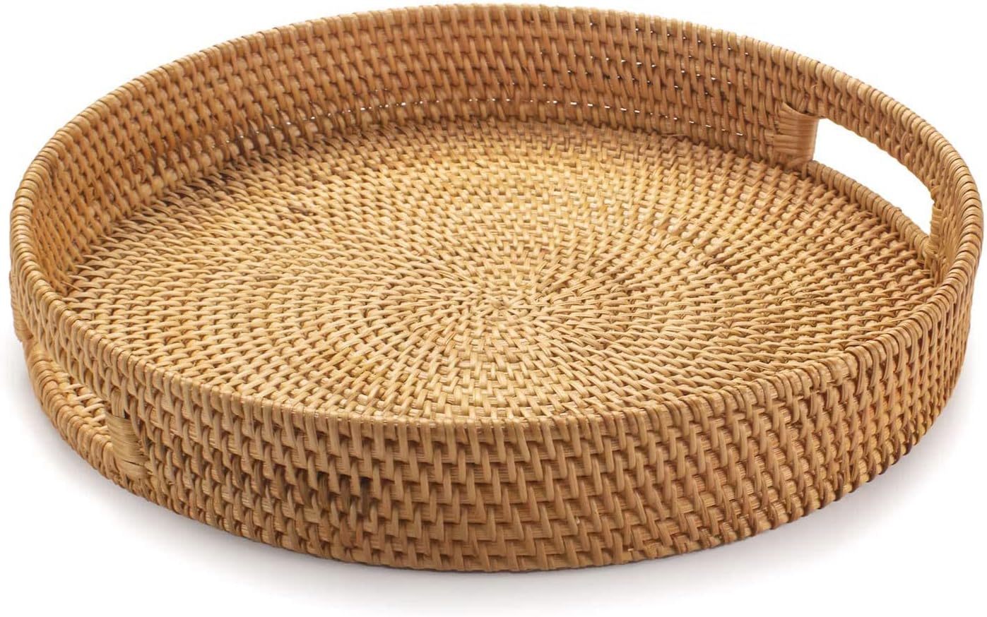 Rattan Round Serving Tray, Decorative Coffee Table Tray, Ottoman Hand Woven Serving Basket with Handles, Wicker Fruit/Bread Serving Basket, 11.8 inch