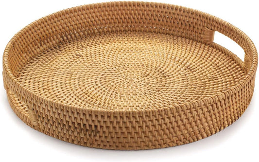 Rattan Round Serving Tray, Decorative Coffee Table Tray, Ottoman Hand Woven Serving Basket with Handles, Wicker Fruit/Bread Serving Basket, 11.8 inch