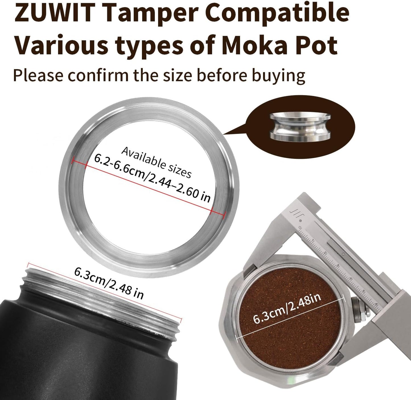 Coffee Tamper for Moka Pot, 304 Stainless Steel Espresso Coffee Tamper, Espresso Dosing Funnel Compatible with Aluminum Espresso stovetop Moka Pot (Silver)