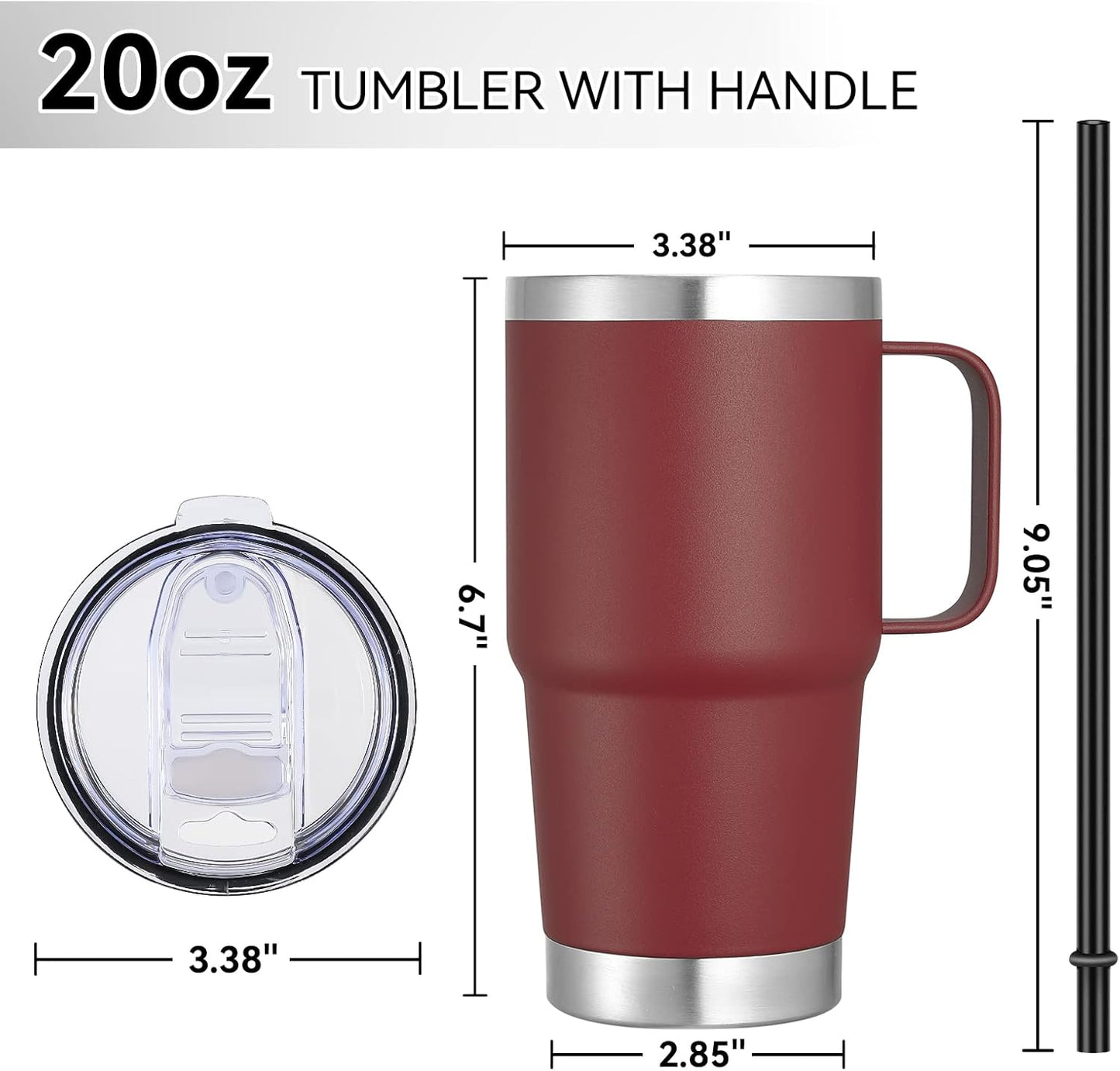 VEGOND 20 oz Tumbler with Handle Lid and Straw, Stainless Steel Insulated Travel Coffee Mug Spill Proof Double Wall Metal Tumbler Cup Keeps Drink Hot and Cold, Wine Red 1 Pack