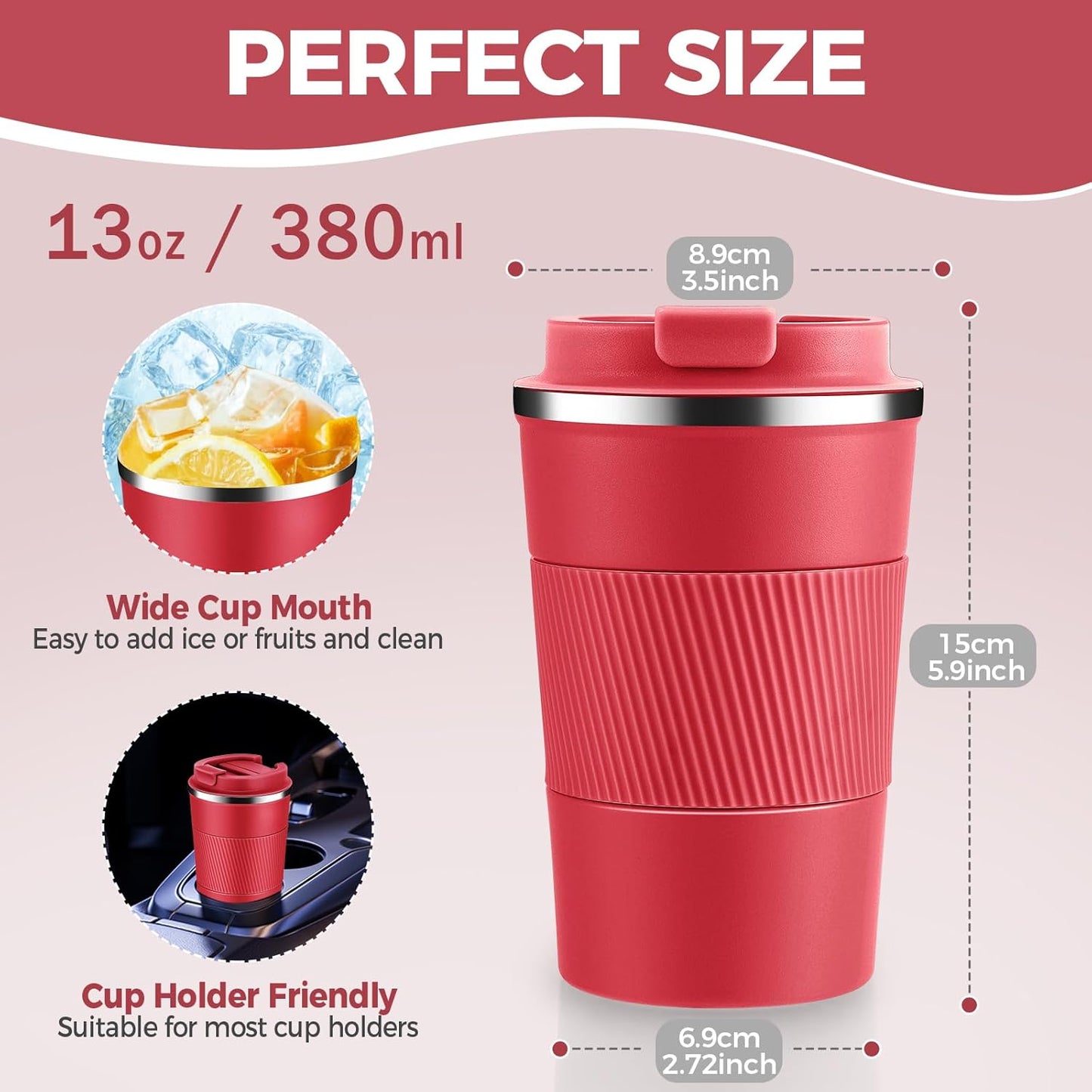 Volhoply 13 oz Stainless Steel Insulated Travel Coffee Mug with Fip Lid,Reusable Double Wall Vacuum Metal Coffee Cup,Portable to Go Leak Proof Cafe Thermal Tumbler for Hot & Cold Drinks(Red,1)