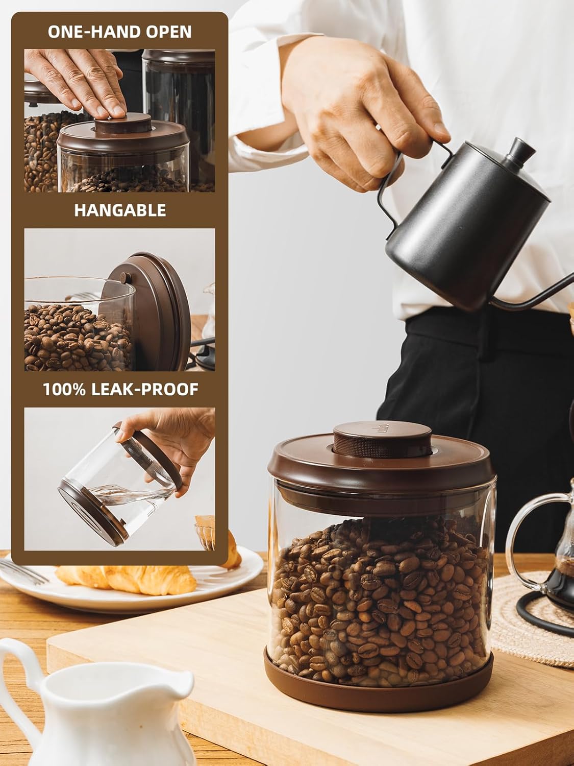 Airtight Coffee Canister, 14 Oz Borosilicate Glass Coffee Bean Storage Container with Pop Lid, CO2 Releasing Valve for Grounds Coffee, Beans, Sugar, 1200ml Brown