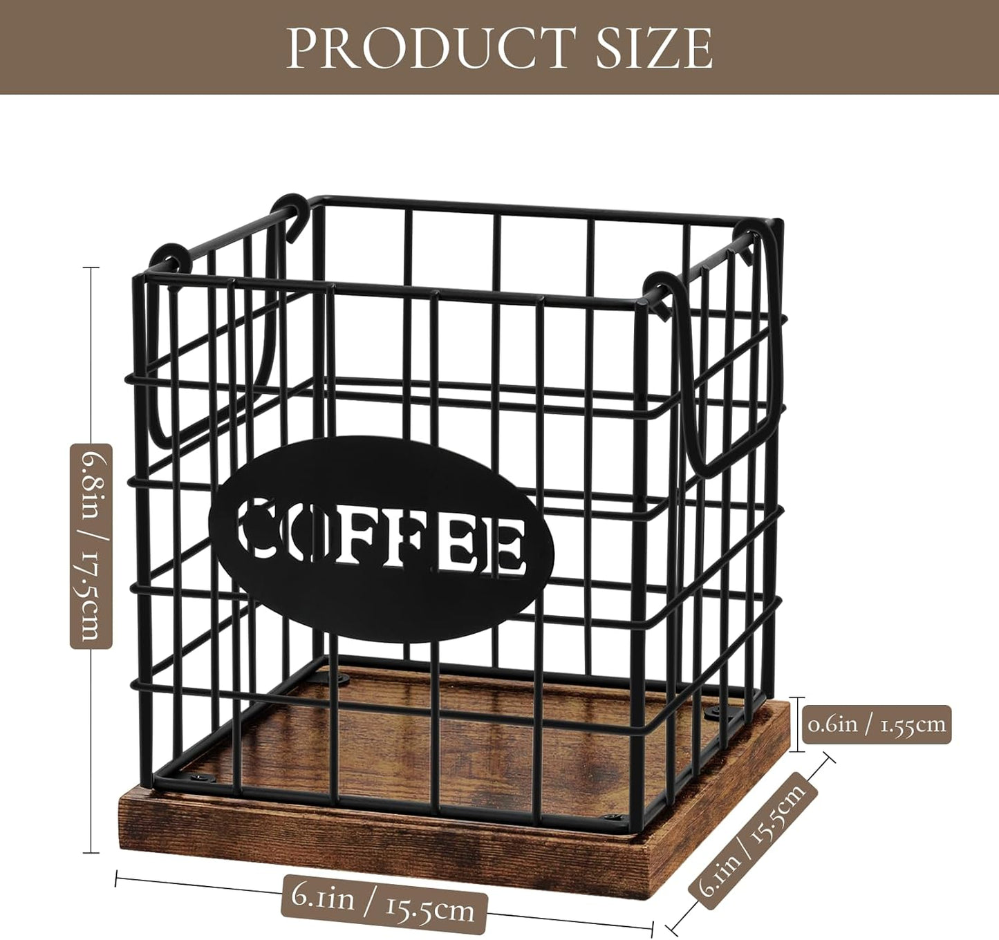 Coffee Pod Holder Organizer,Large Capacity K Cup Holder Organizer, Storage Basket for Kitchen Countertop Office Coffee Bar with Wooden Base(Rustic Brown-Square)