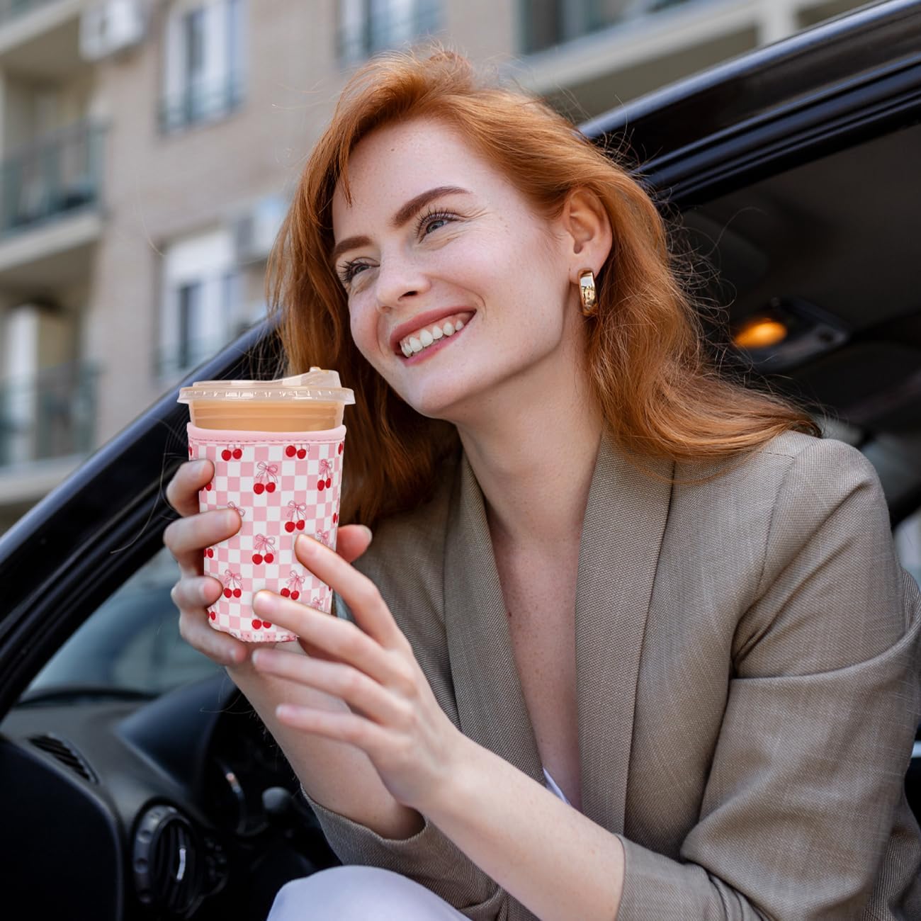 Reusable Insulated Neoprene Iced Coffee Cup Sleeve, Durable Drink Sleeve for Cold Beverages, Beverage Holder for Iced Coffee, Sweet Cherry