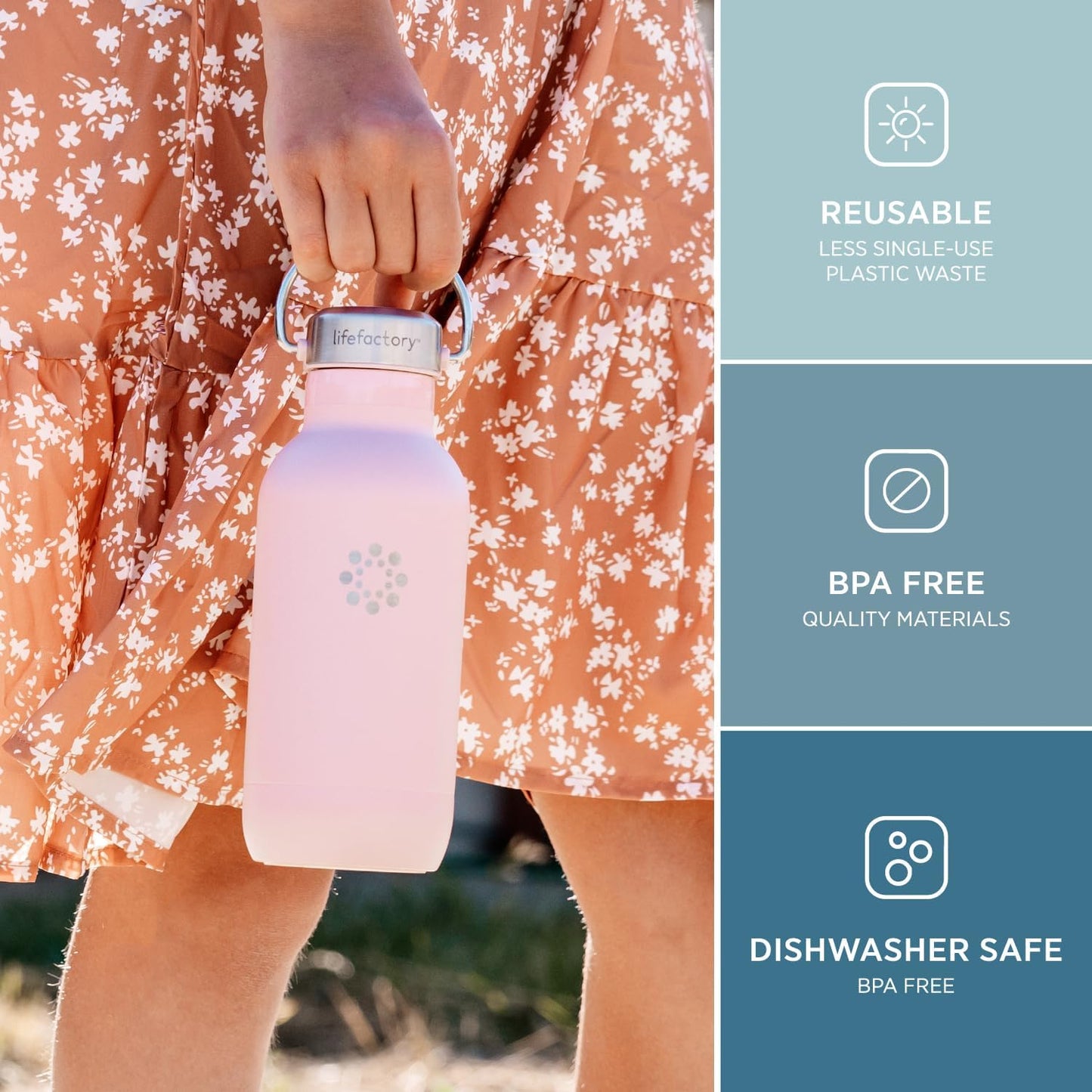 Lifefactory Stainless Steel Vacuum-Insulated Sport Bottle, 16 Ounce, Desert Rose