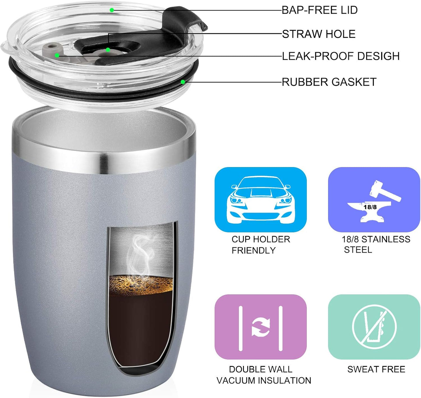 VEGOND Stainless Steel 12 oz Tumblers bulk Vacuum Insulated Double Wall Travel Tumbler with Lid and Straw Reusable Tumbler, Grey 6 pack