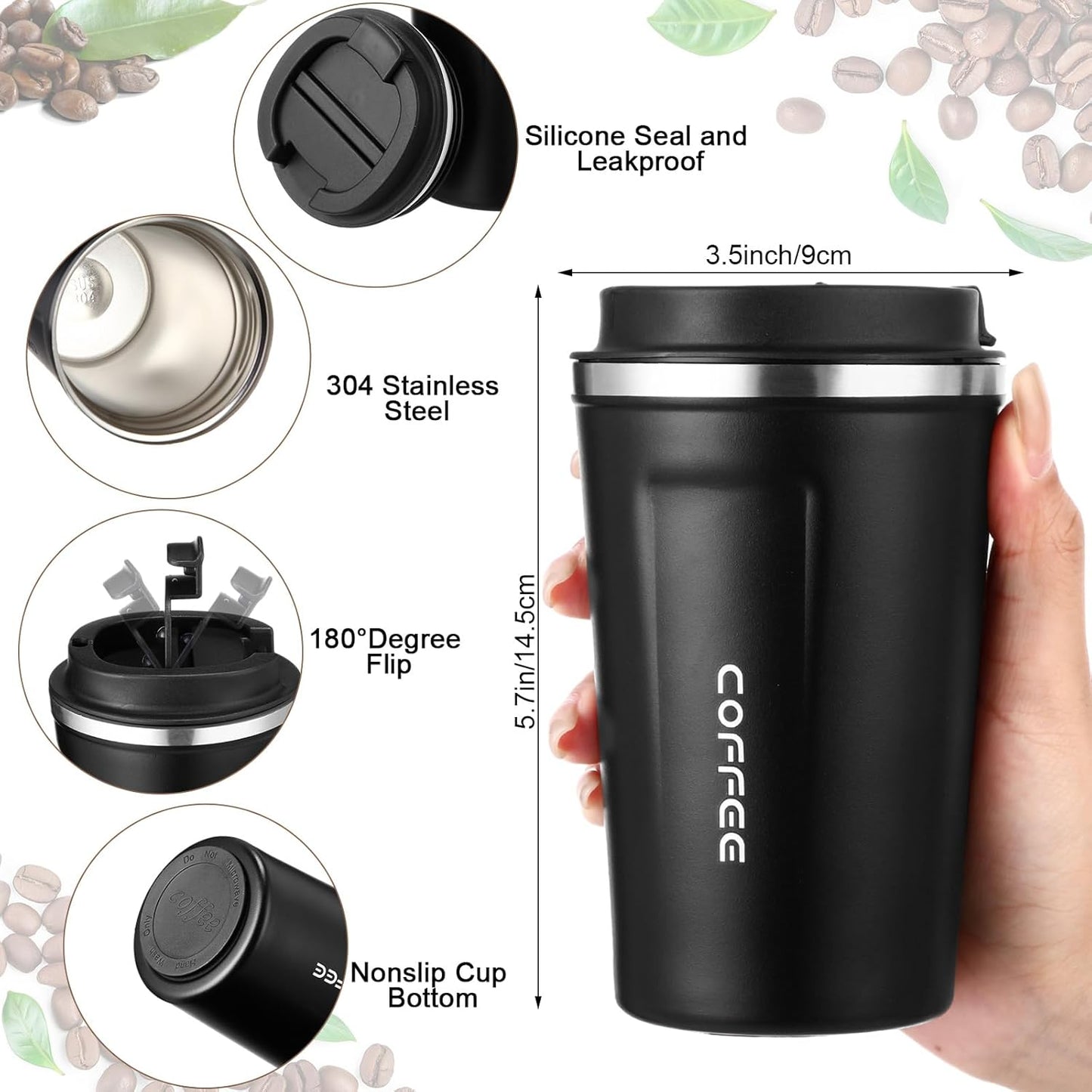 6 Pack Travel Coffee Mugs 12oz Double Wall Insulated Coffee Cups Bulk with Lid Vacuum Stainless Steel Leak Proof Reusable Portable Tumblers for Cold and Hot Drinks(Black)