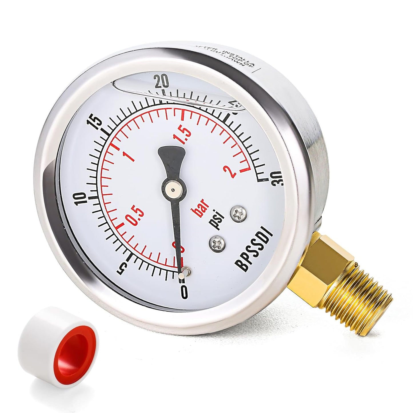 0-30 Psi Glycerin Liquid Filled Low Pressure Gauge, 2.5" Dial Size, 1/4" NPT Lower Mount, 304 Stainless Steel Case, for Water Pipe, HVAC, Water Oil Air Pressure Test