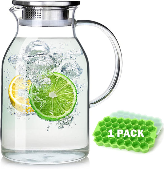 88oz Glass Pitcher with Lid and Handle - High Heat Resistance Glass Water Pitcher for Hot/Cold Water & Iced Tea with Ice Tray (2.6L)