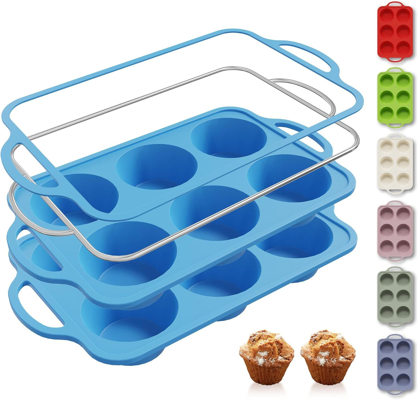 2 Packs 6 Cups Silicone Muffin Pan with Metal Reinforced Frame Jumbo Size Cupcake Pan Tray Egg Bites Silicone Molds Muffin Tin Tart Pans Bundt Pan Reposteria Accesorios Moldes Para Pasteles
