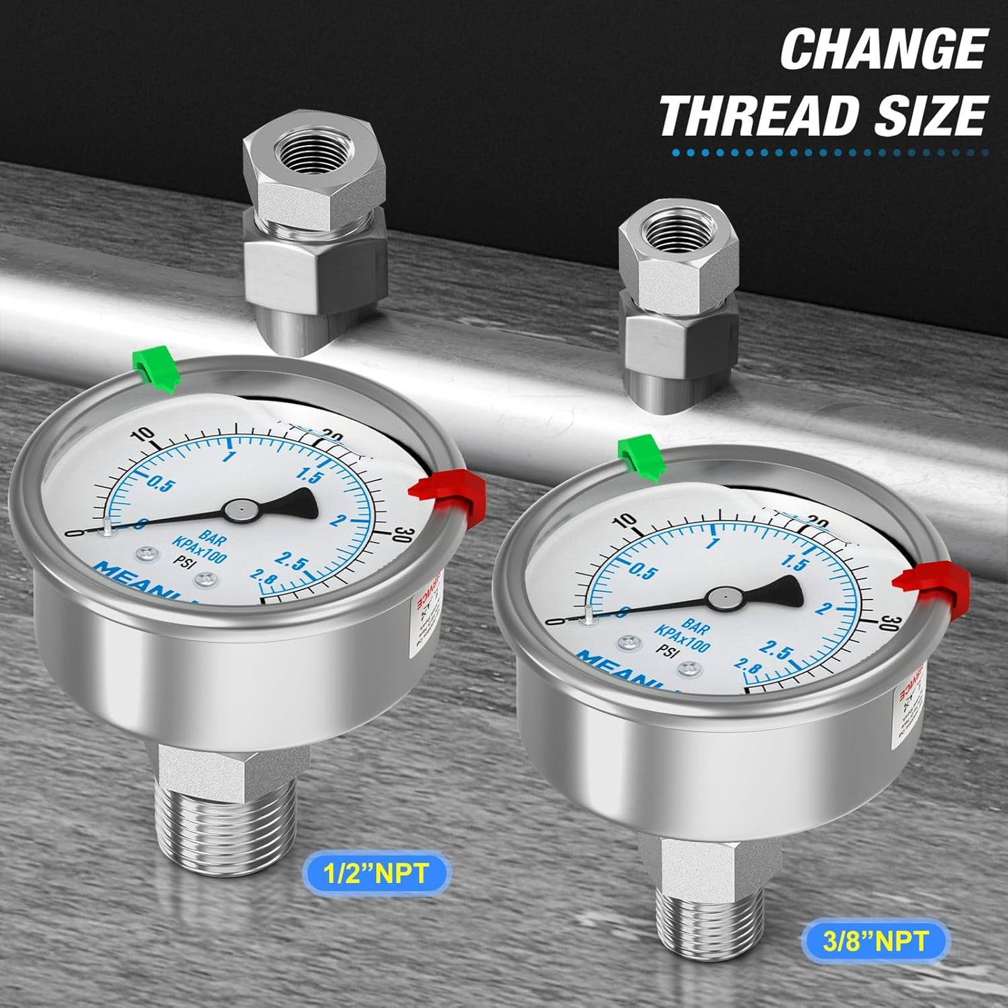 MEANLIN MEASURE 0~40Psi Stainless Steel Liquid Filled Pressure Gauge 2.5" FACE DIAL 1/4" NPT for Pool Sand Filter Water Oil Air Pressure Test Back Mount with Stainless Steel Hex Bushing and Snaps