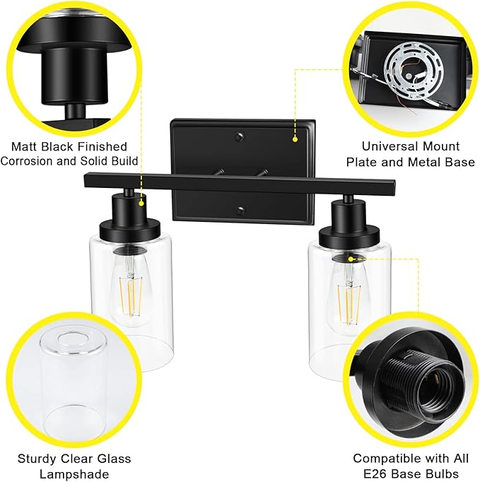 Ascher 2-Light Wall Sconces, Modern Vanity Light Fixture Black Finish, Wall - Image 6