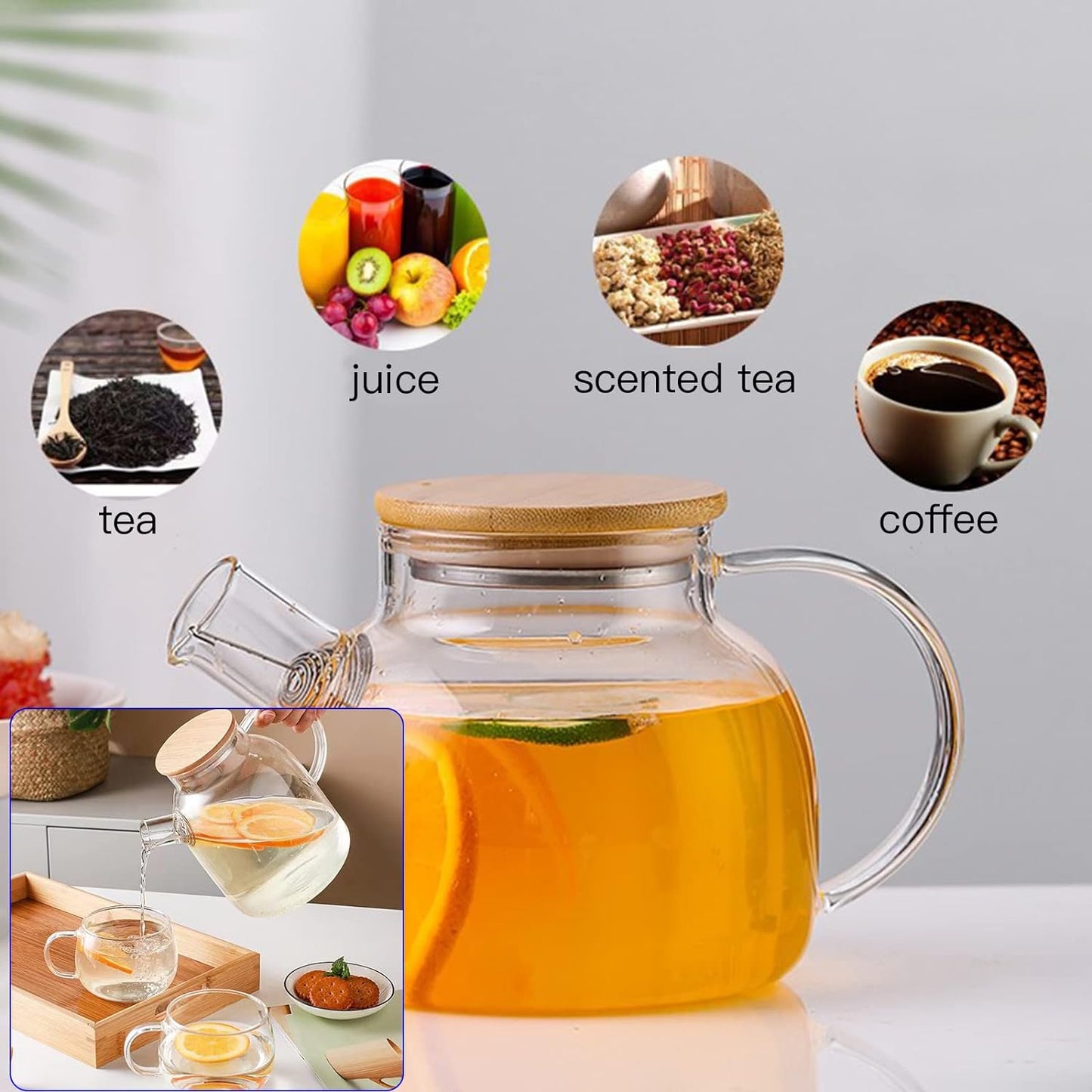 Glass Teapot 34oz/1000ml, Stovetop & Microwave Safe Borosilicate Tea Pot,Clear Teapot with Strainer, Glass Tea Kettle with Wooden Lid for Loose Leaf、Fruit Tea and Fragrant Tea
