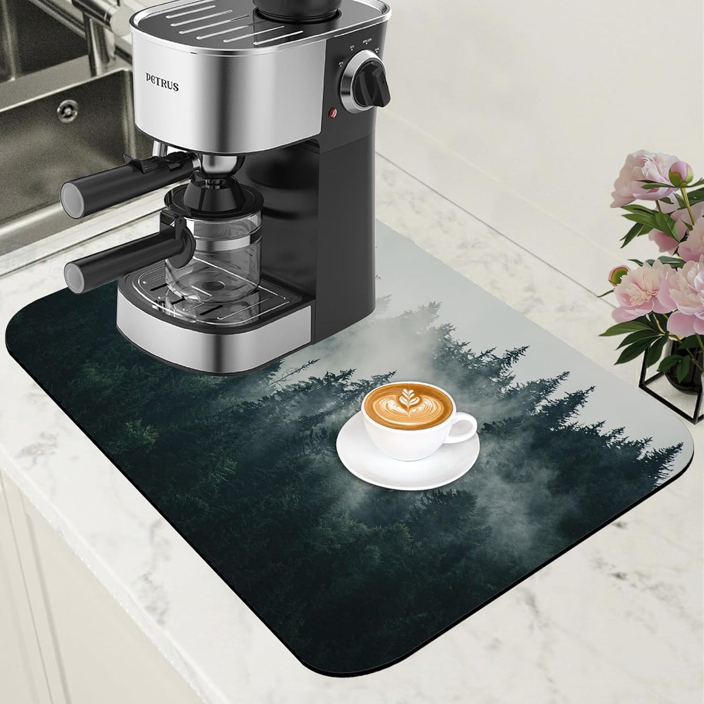 Foggy Forest Coffee Mat Absorbent Dish Drying Mat for Kitchen Counter Hide Stain Rubber Backed Coffee Bar Accessories Fit Under Espresso Machine Dish Drainer, 11.8 x 19.7 Inch