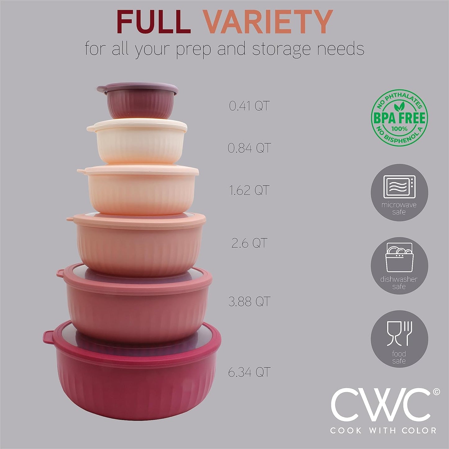 COOK WITH COLOR Prep Bowls with Lids- Wide and Deep Nesting Plastic Small Mixing Bowl Set with Lids, 12 Piece Set - Wide Bowls, Rose