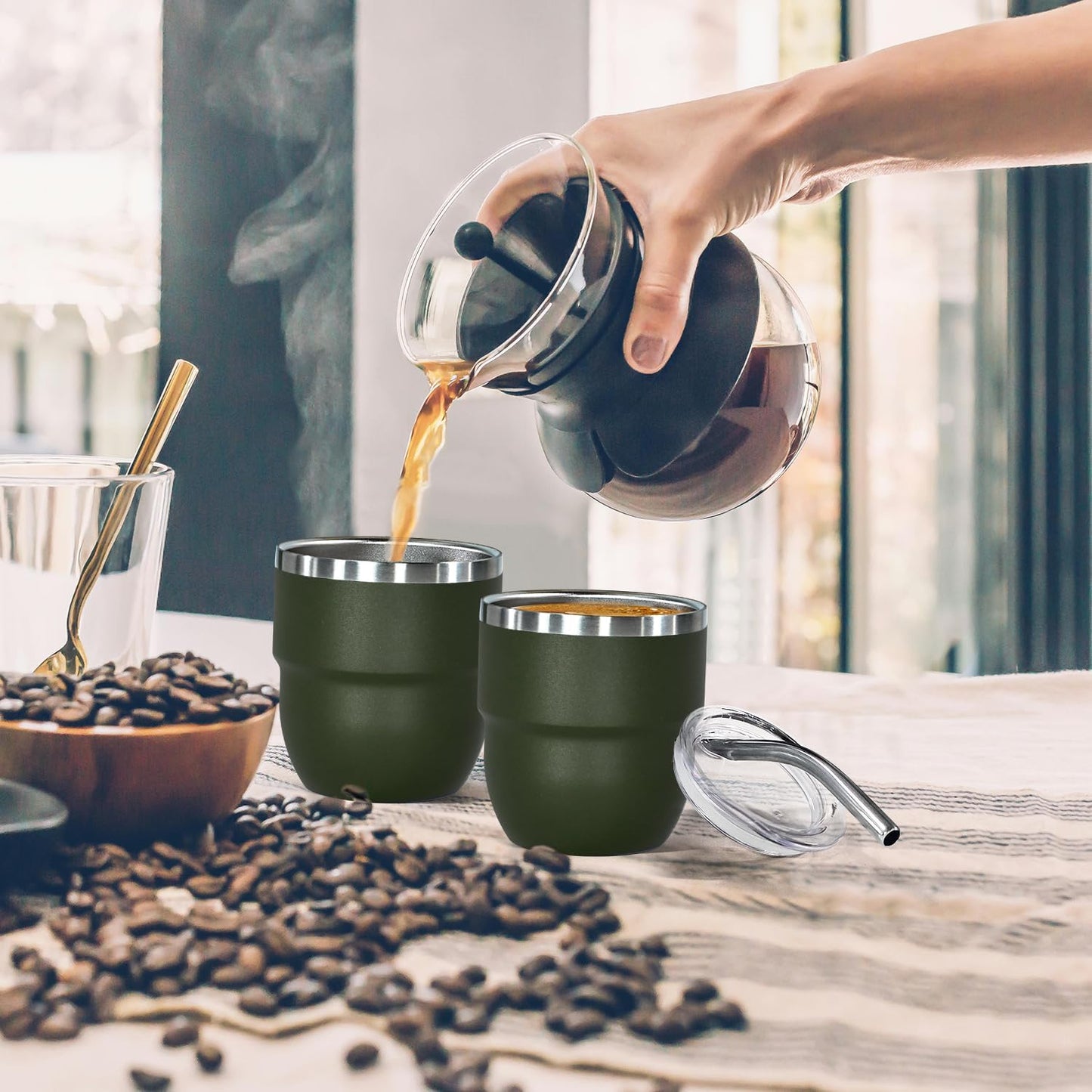4oz Stackable Cup, Vacuum Insulated Espresso Cup Set of 6, Espresso Shot Cup for Coffee, Double Wall Stainless Steel Mini Tumbler Shot Glasses with Straw and Lid (A-green6P, 4oz)