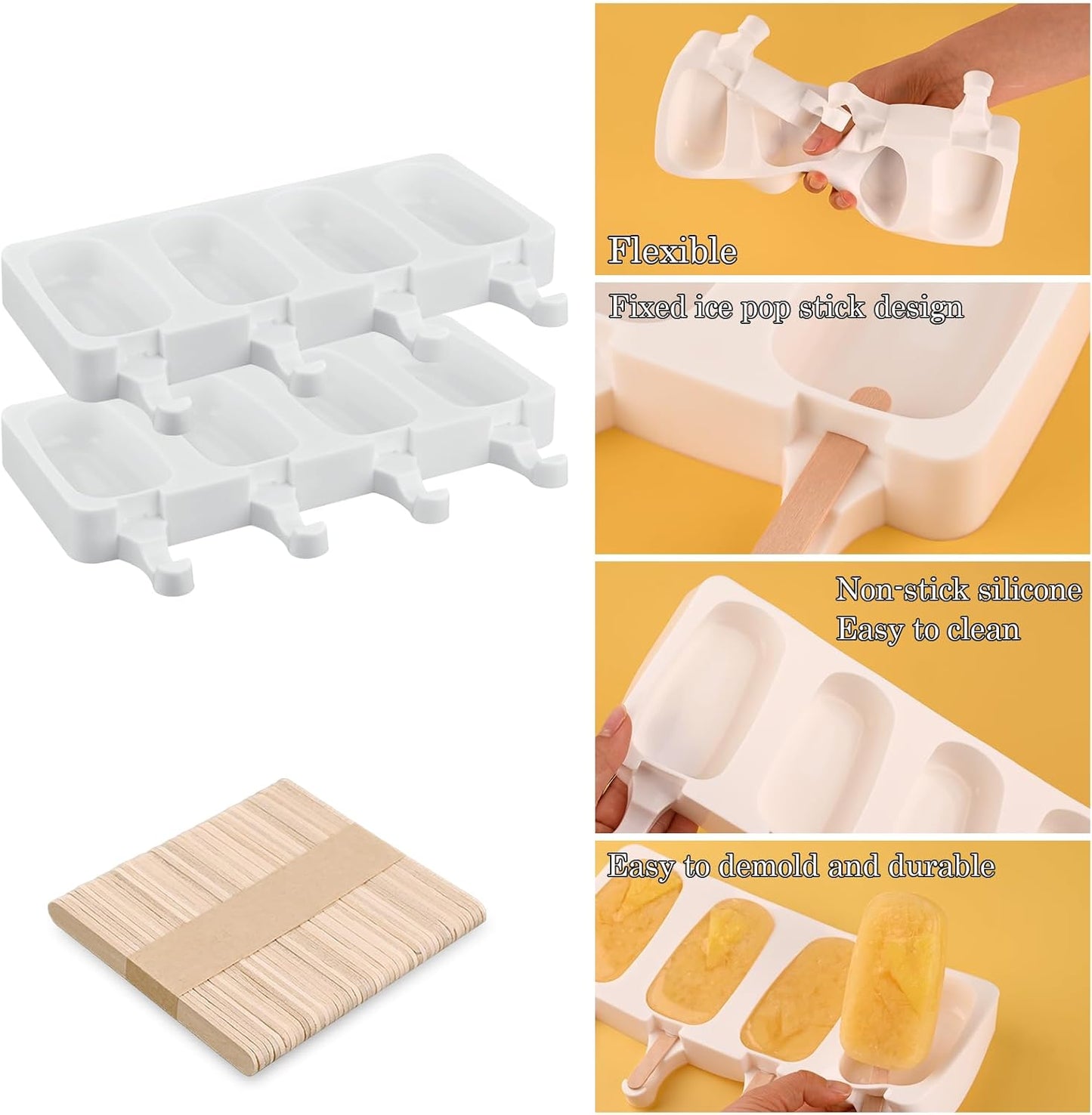 Sakolla 2 Pack Silicone Popsicle Molds, Larg Oval 4 Cavities Homemade Ice Pop Molds with 50 Wooden Sticks for Ice Cream, Cakesicles, Cake Pop (White)