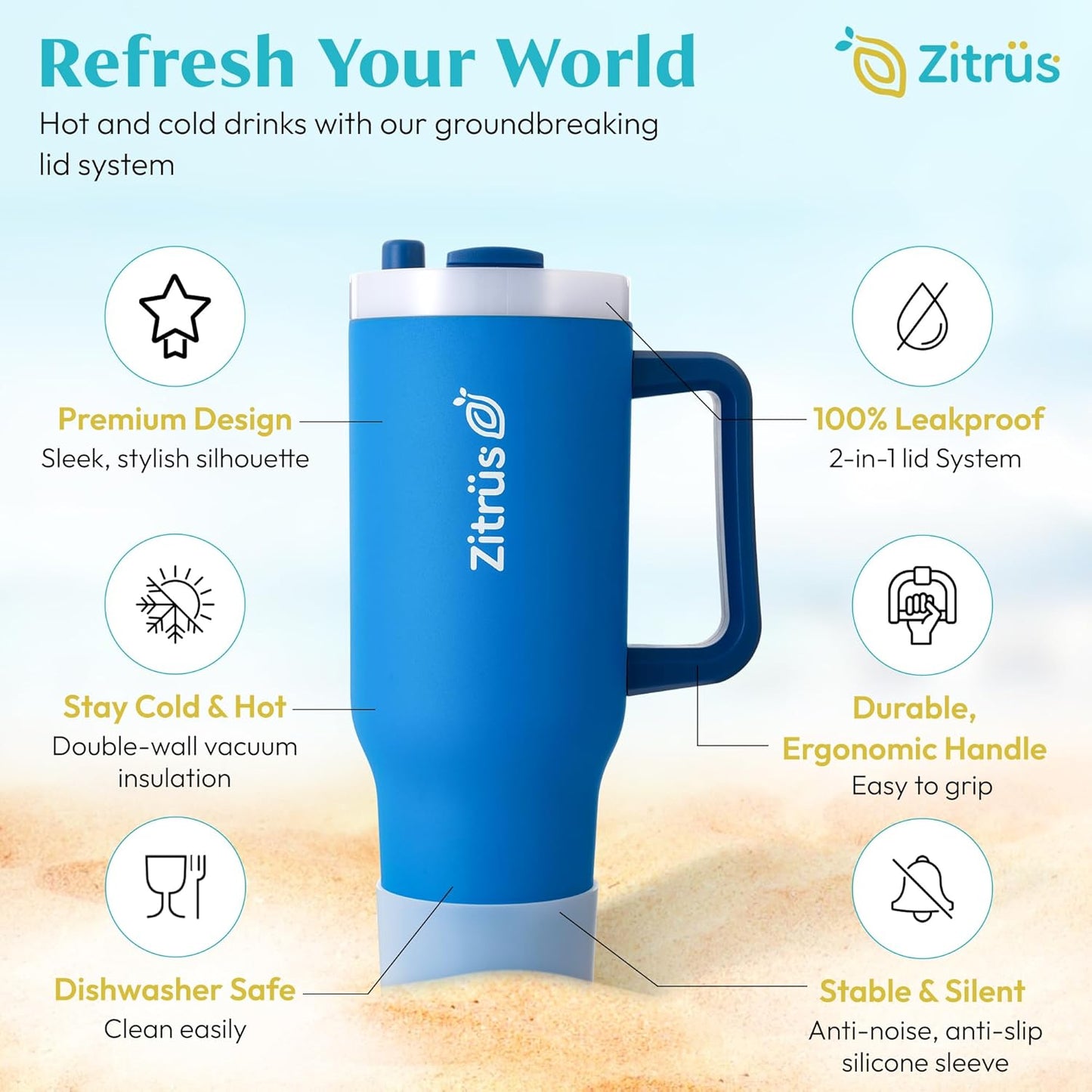 40 oz Tumbler with Handle and Straw | Leak Proof Insulated Stainless Steel Water Bottle Travel Mug Fits in Cup Holder | Keeps Cold Hot | Gifts for Women Men Him Her (Blue, 40 oz)