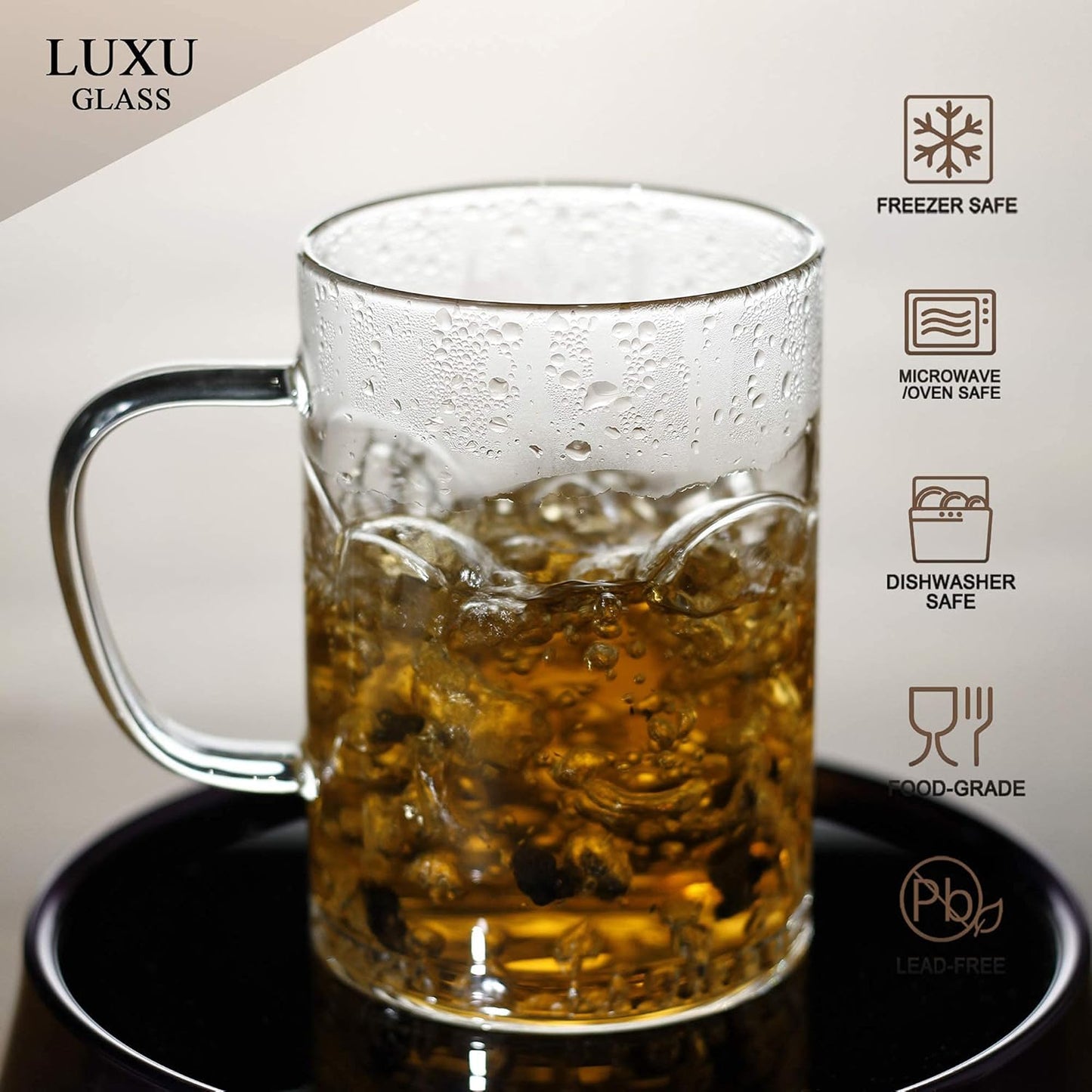 LUXU Glass Coffee Mugs 16 oz,Set of 4 Large Glass Coffee Cups Clear Tea Cups,Lead-Free Glasses Cups for Water,Latte,Milk-Flat Bottomed Design