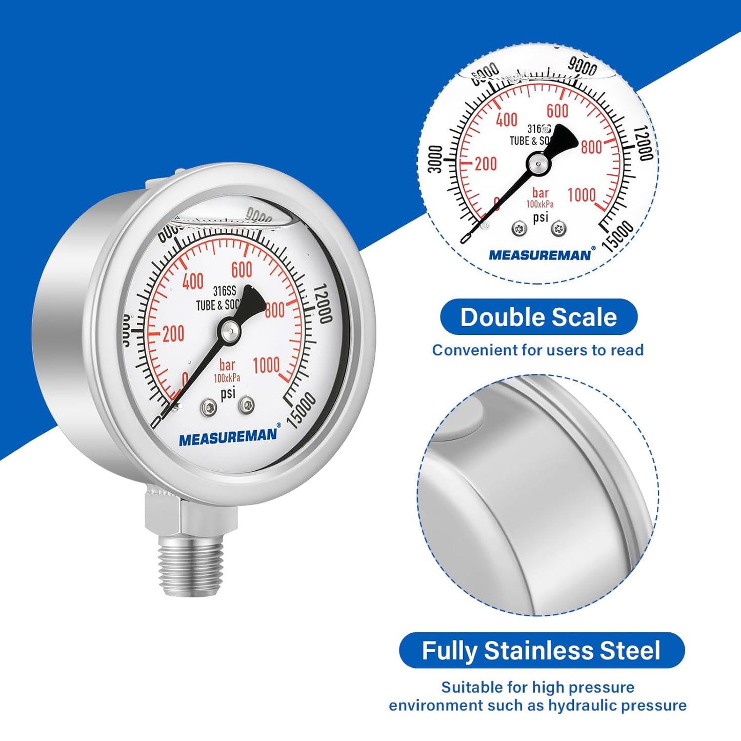 MEASUREMAN Fully Stainless Steel Hydraulic Glycerin Filled Pressure Gauge, 2-1/2" Dial Size,0-15000psi/bar,1/4" NPT Lower Mount